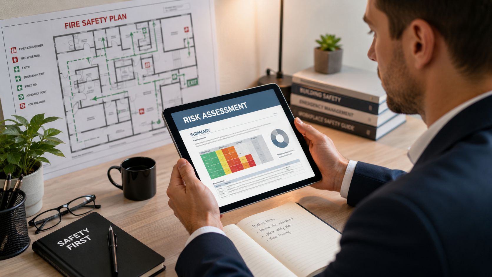 En forretningsmand gennemgår en risikovurdering og brandsikkerhedsplan på en tablet ved sit skrivebord på kontoret.