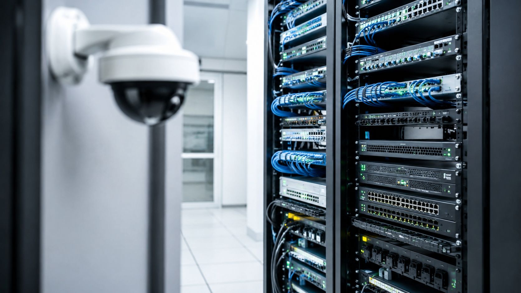 Sikkerhedskamera overvåger en serverrumsenhed med netværksudstyr i en moderne it-virksomhed for optimal it-sikkerhed.