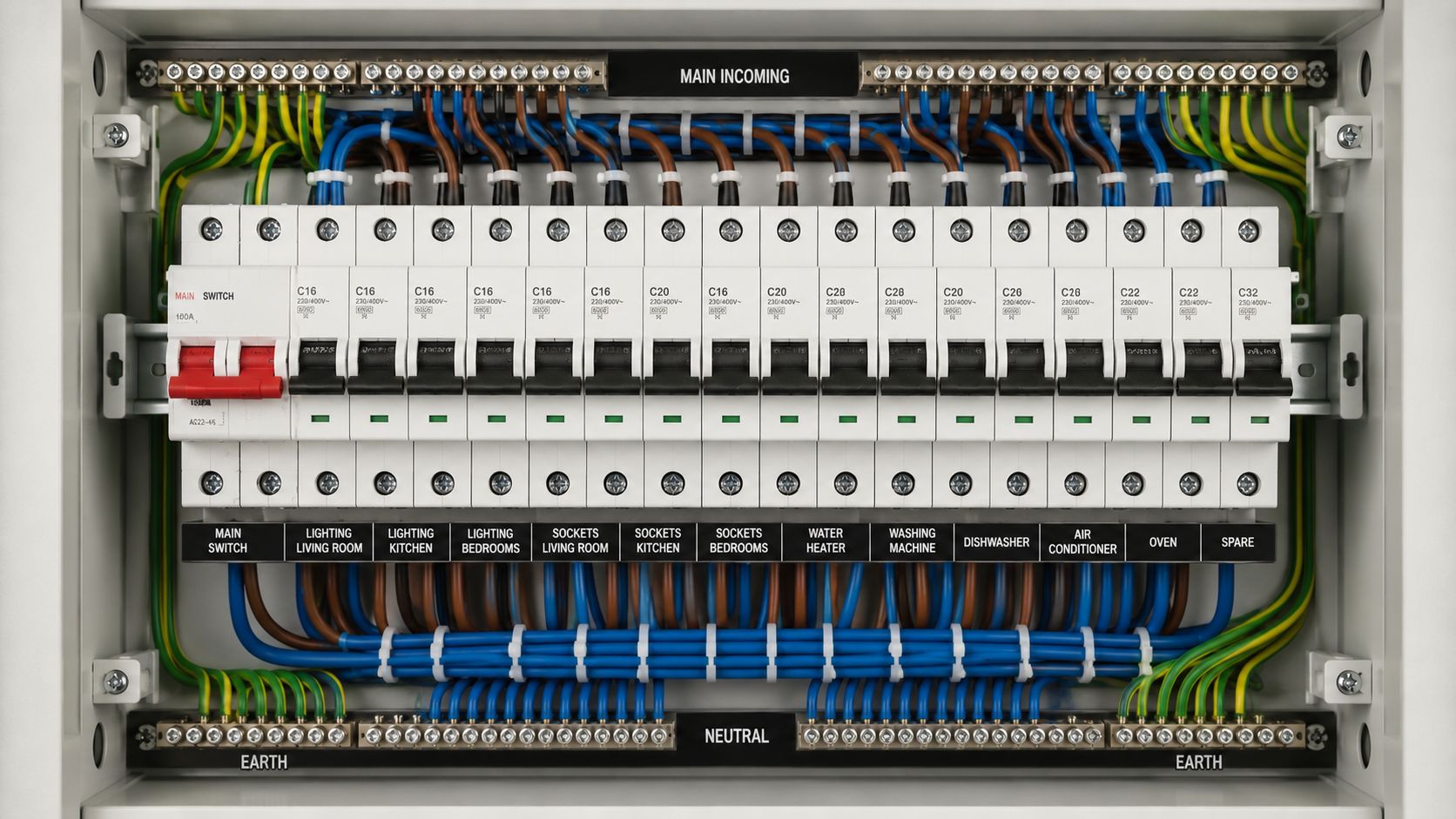 Et moderne elektrisk sikringsskab med tydeligt mærkede automatsikringer og tilhørende ledningsføring monteret på en væg.