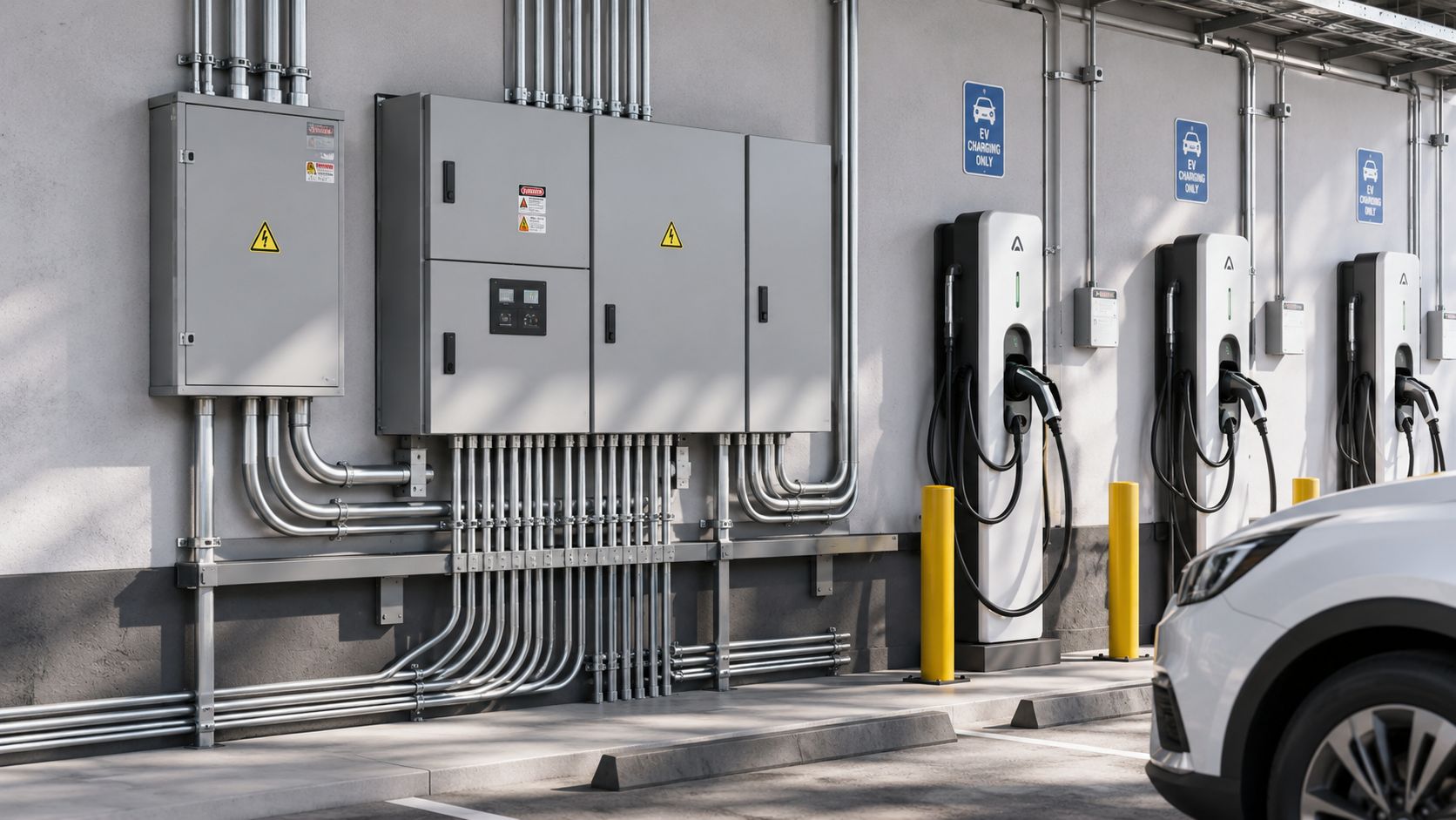 Moderne elektrisk infrastruktur og ladestander til elbil erhverv installeret ved en bygnings ydervæg med parkeringsplads.