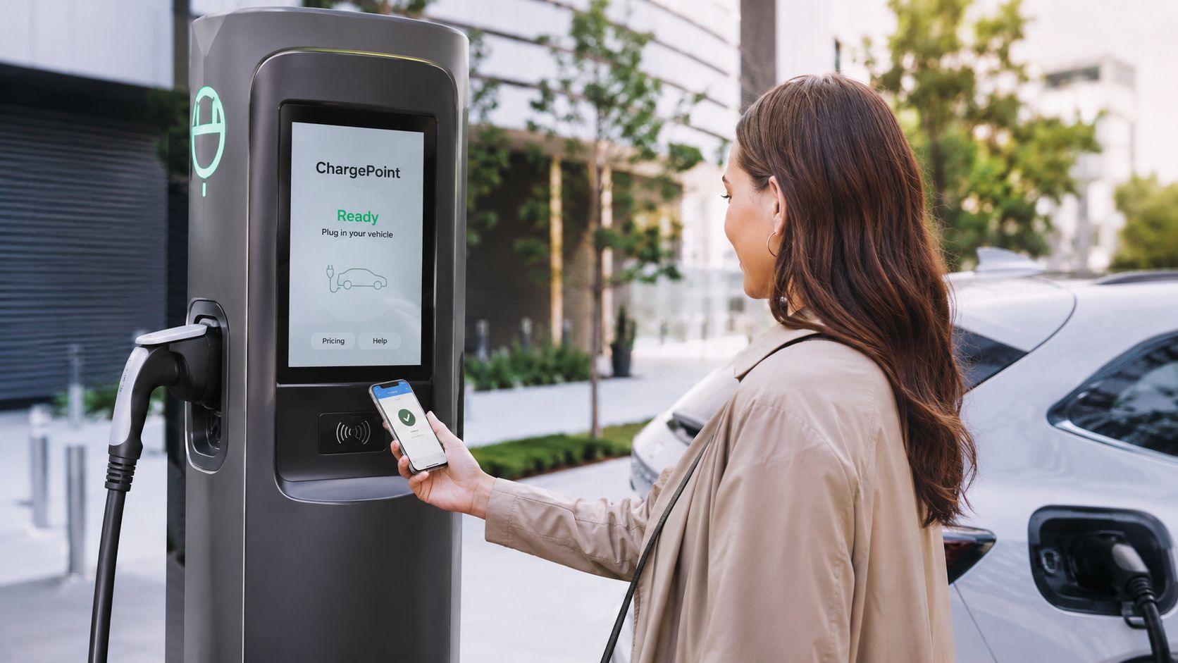 En kvinde bruger sin smartphone til at aktivere en ChargePoint elbil-ladestander på en offentlig parkeringsplads.