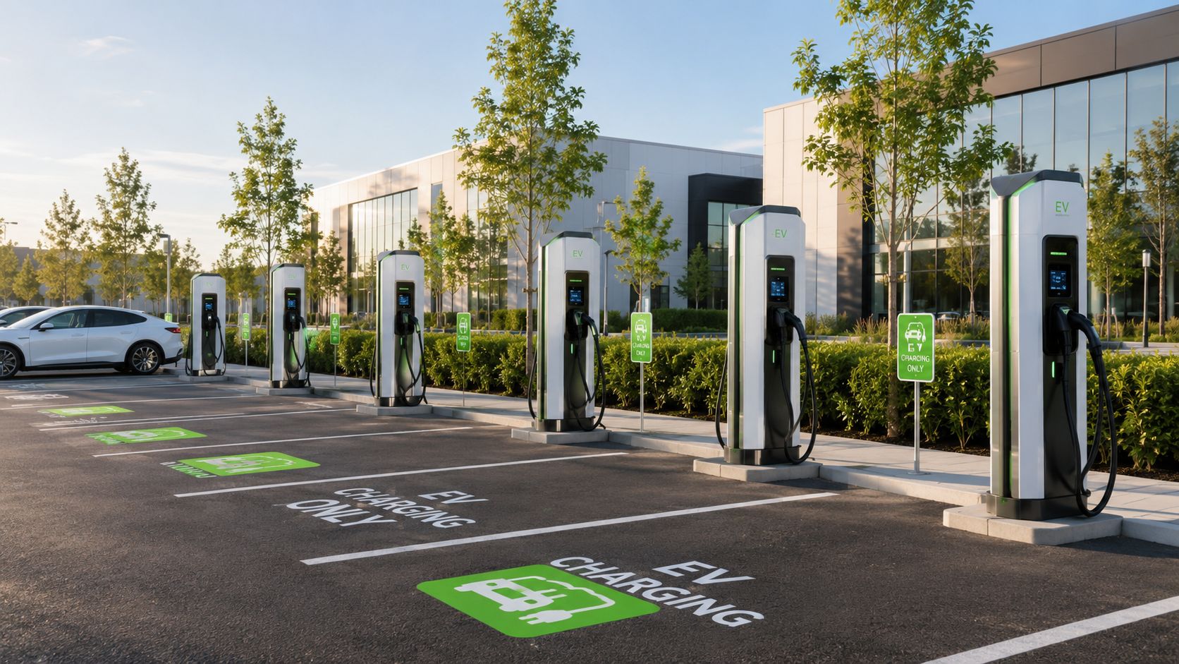 Moderne række af elektriske ladestandere til elbiler på en parkeringsplads foran en erhvervsbygning i dagslys.