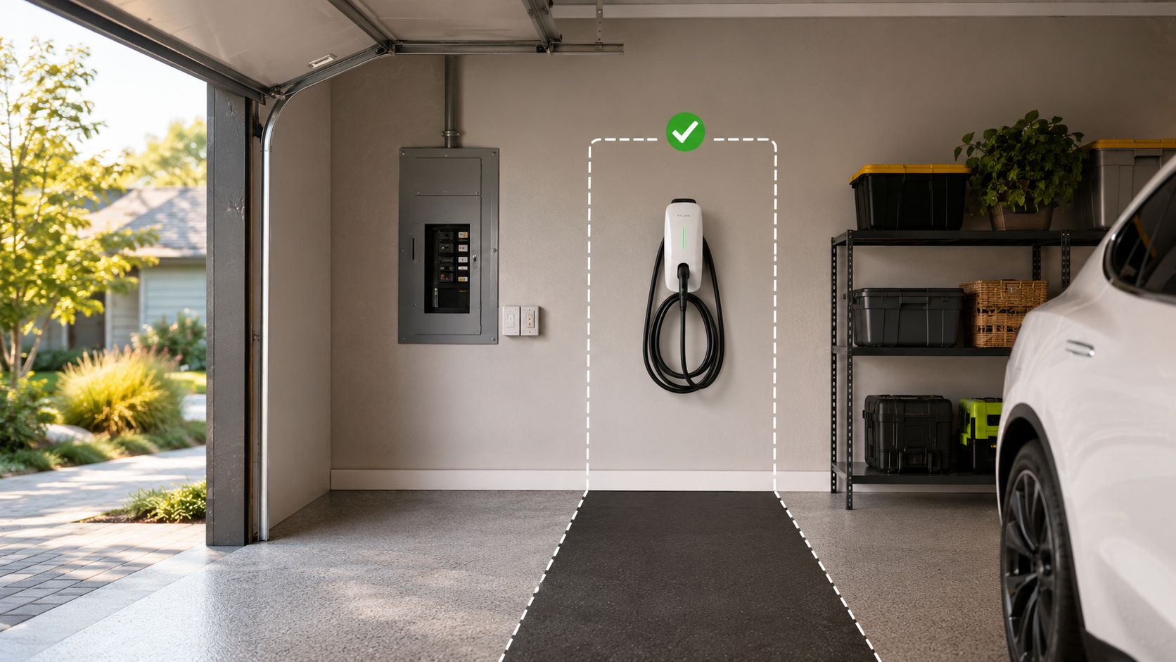 En elektrisk ladestation monteret på væggen i en garage ved siden af et sikringsskab og en bil.