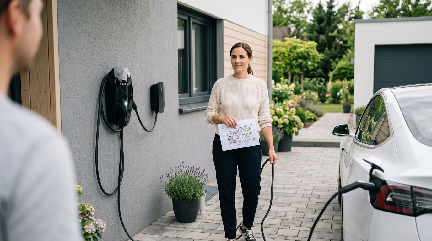 En kvinde holder en elplan, mens hun står ved en Tesla-ladestation installeret ved siden af et moderne hus.