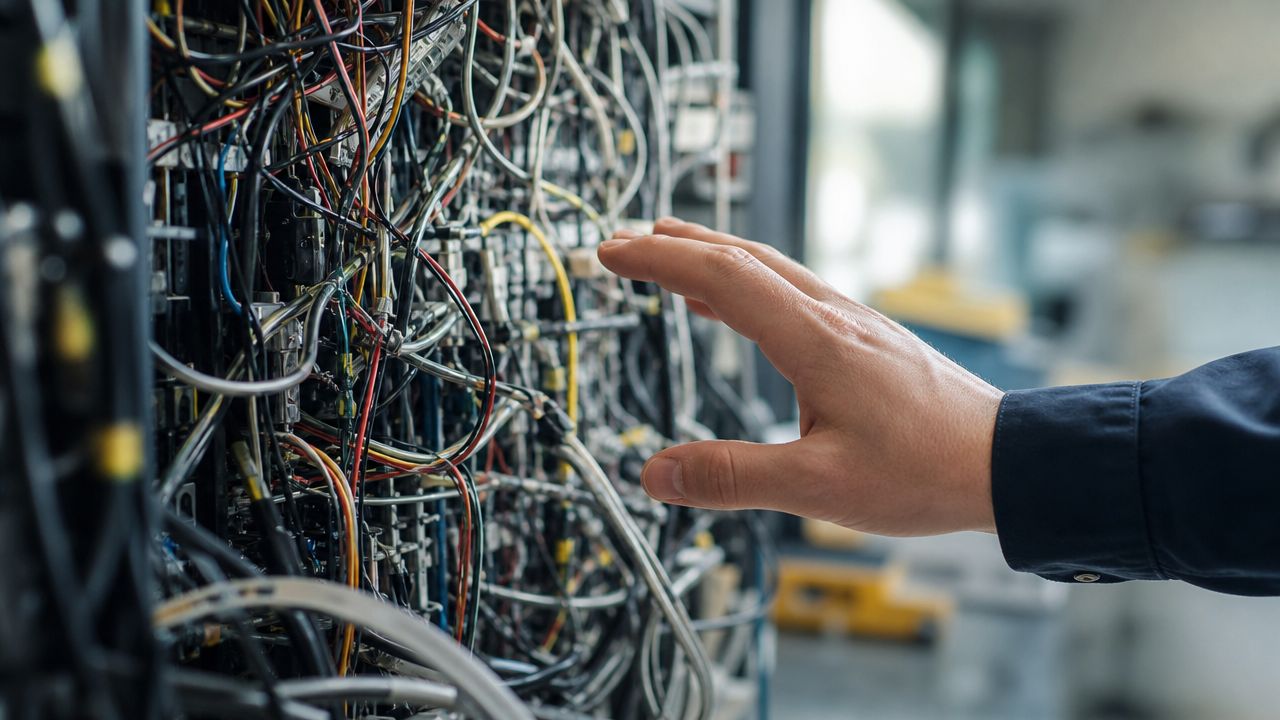 En tekniker undersøger en kompleks installation af kabler i et elektrisk styreskab under fejlsøgning.