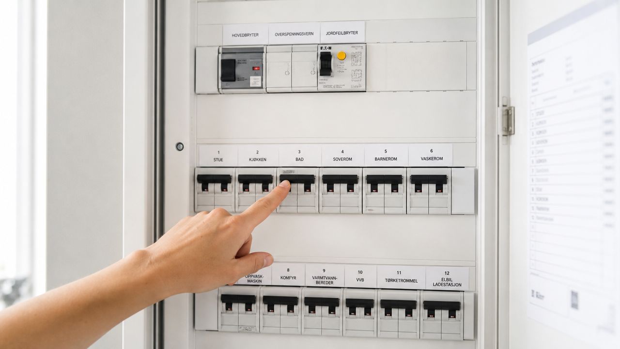 En person, der peger på en sikring i et elektrisk sikringsskab for at udføre fejlsøgning af strømmen.