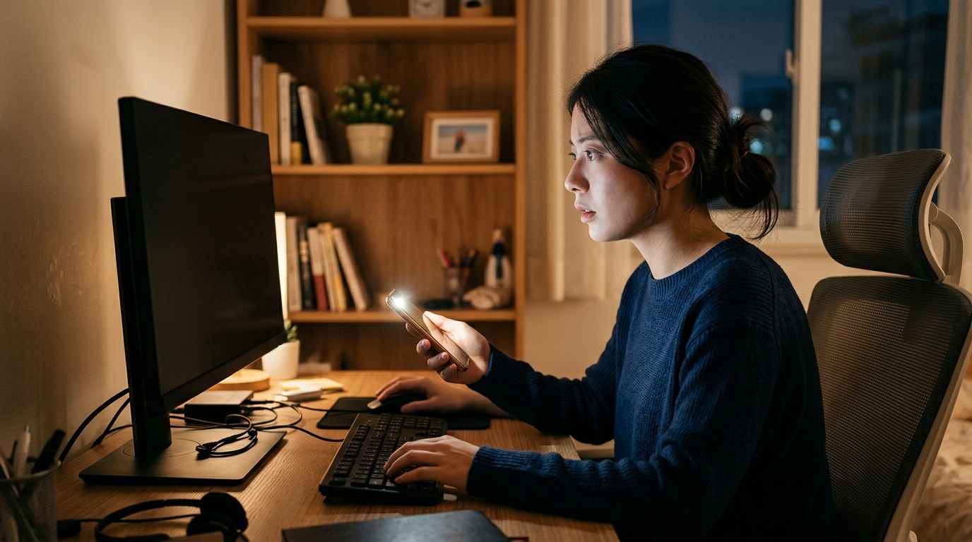 En ung kvinde arbejder sent ved computeren, mens hun bruger sin telefon til at undersøge en elektrisk fejl.