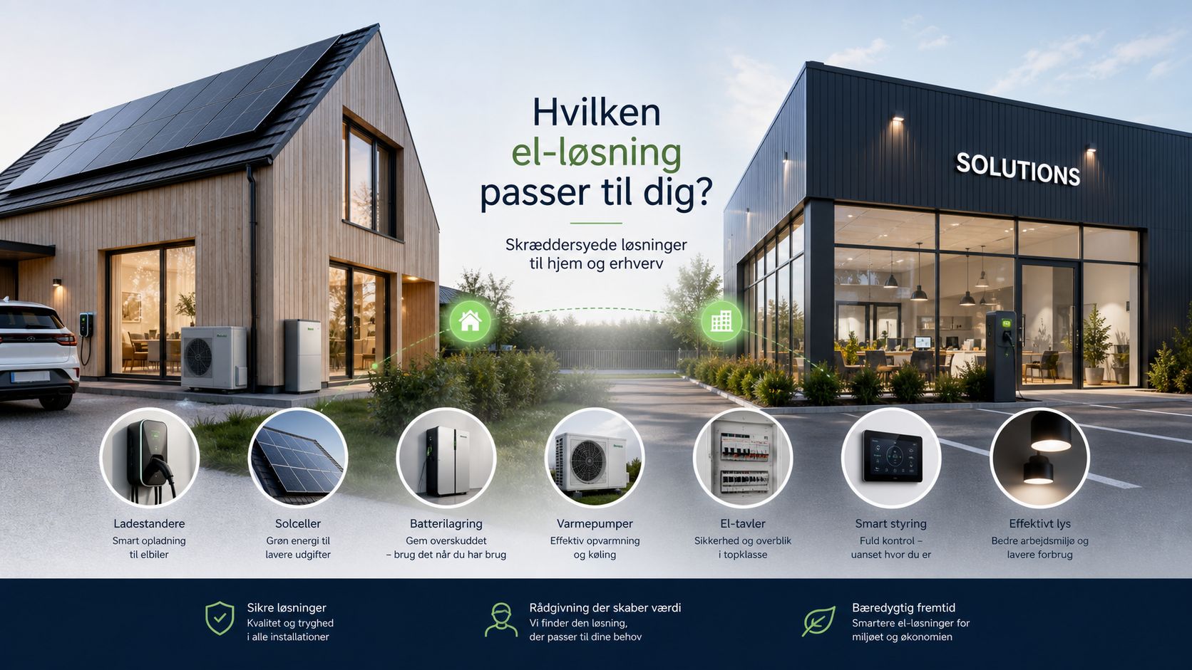 Professionel rådgivning om bæredygtige el-løsninger, solceller, varmepumper og ladestandere til både private hjem og erhvervslivet.