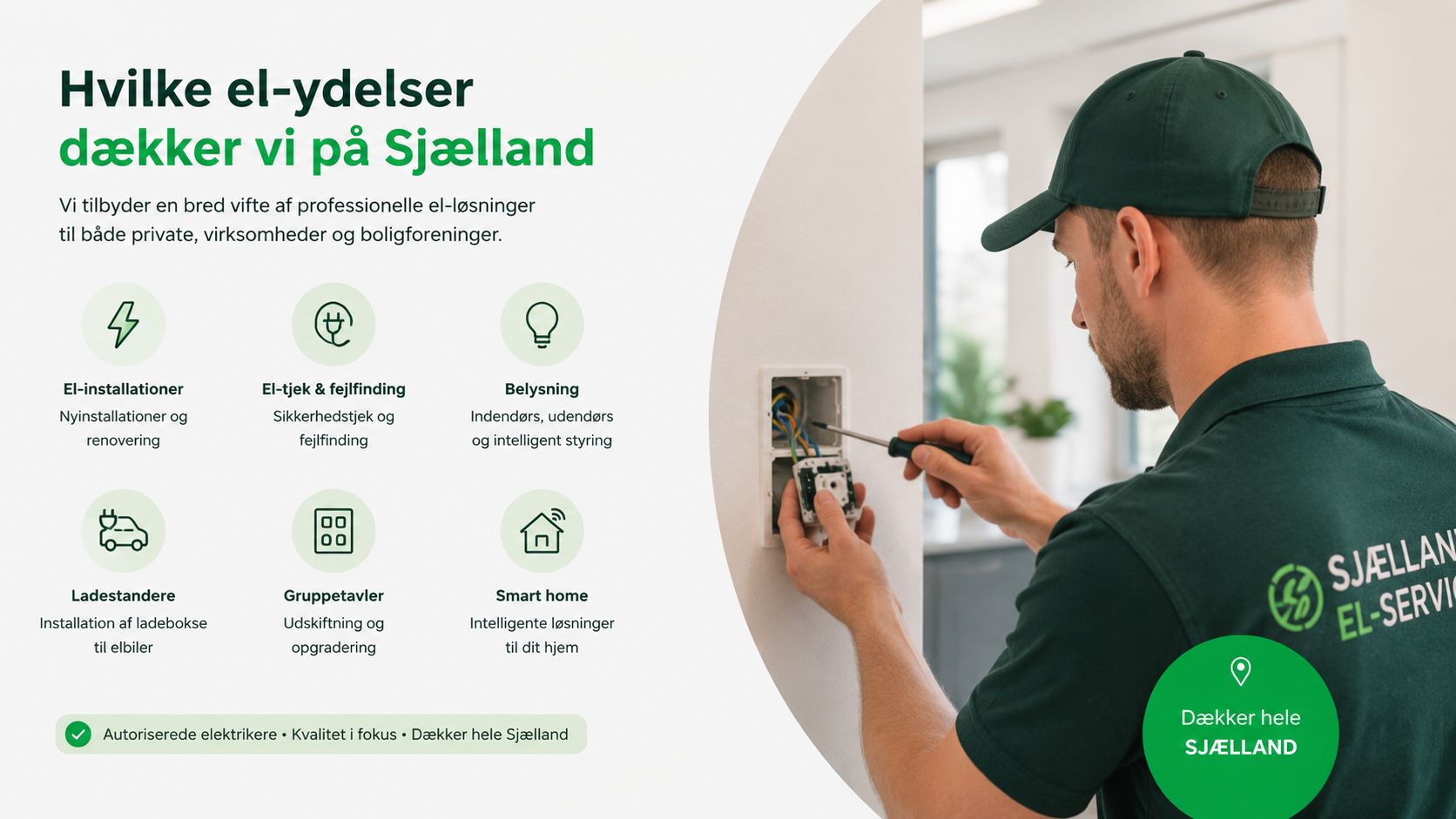 En professionel elektriker er i gang med at installere en stikkontakt i et lyst hjem på Sjælland.