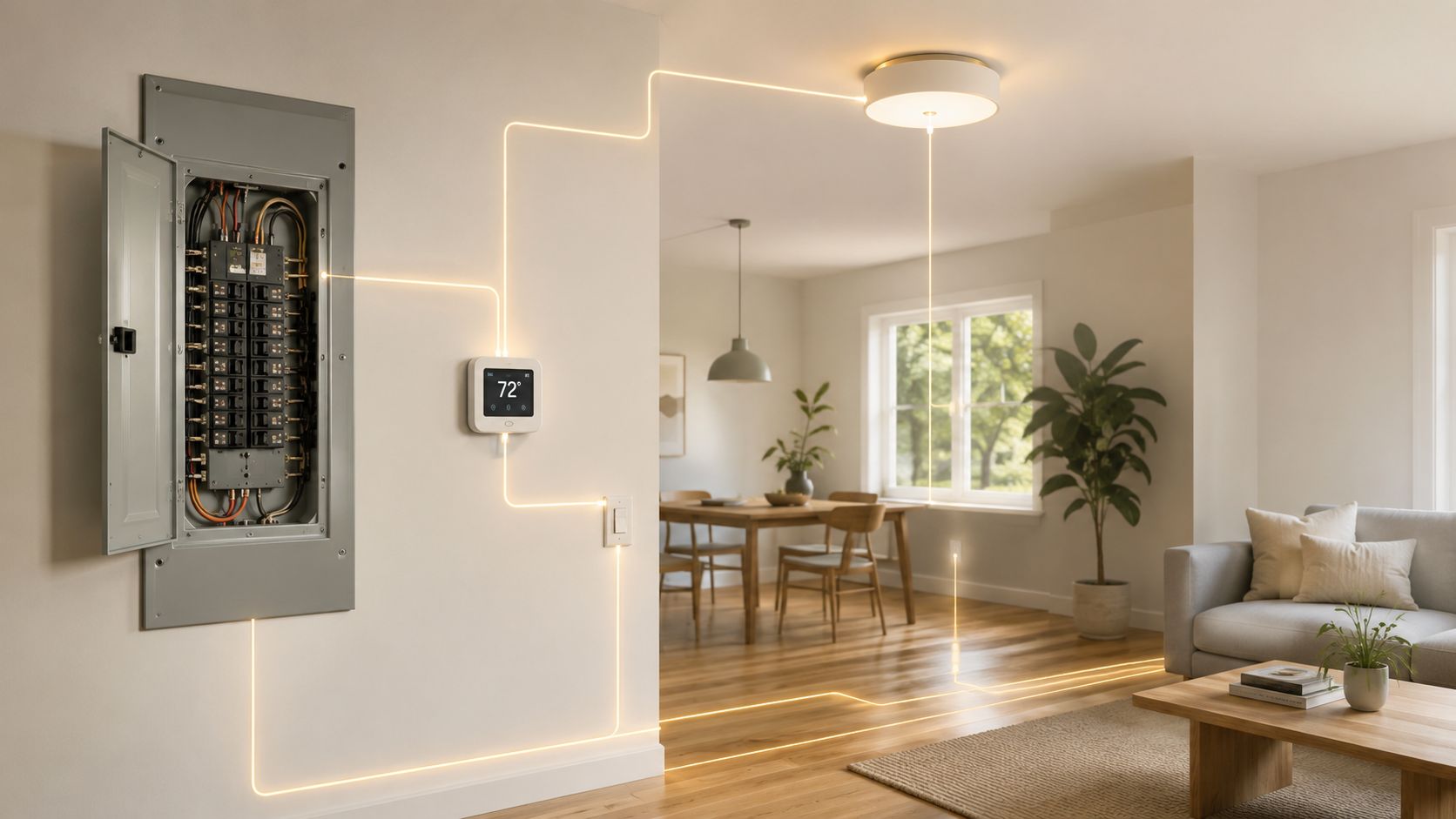 En visuel illustration af et hjems elektriske kredsløb forbundet til et smart kontrolpanel og energikilder.