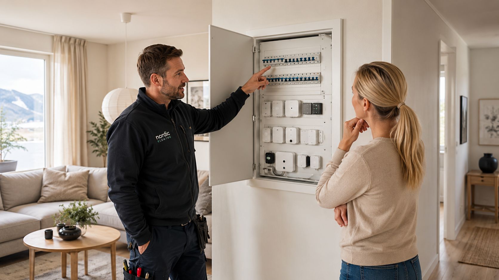 En elektriker fra Nordic Elektro forklarer en kvinde om det moderne el-tavleanlæg i hendes hjem.