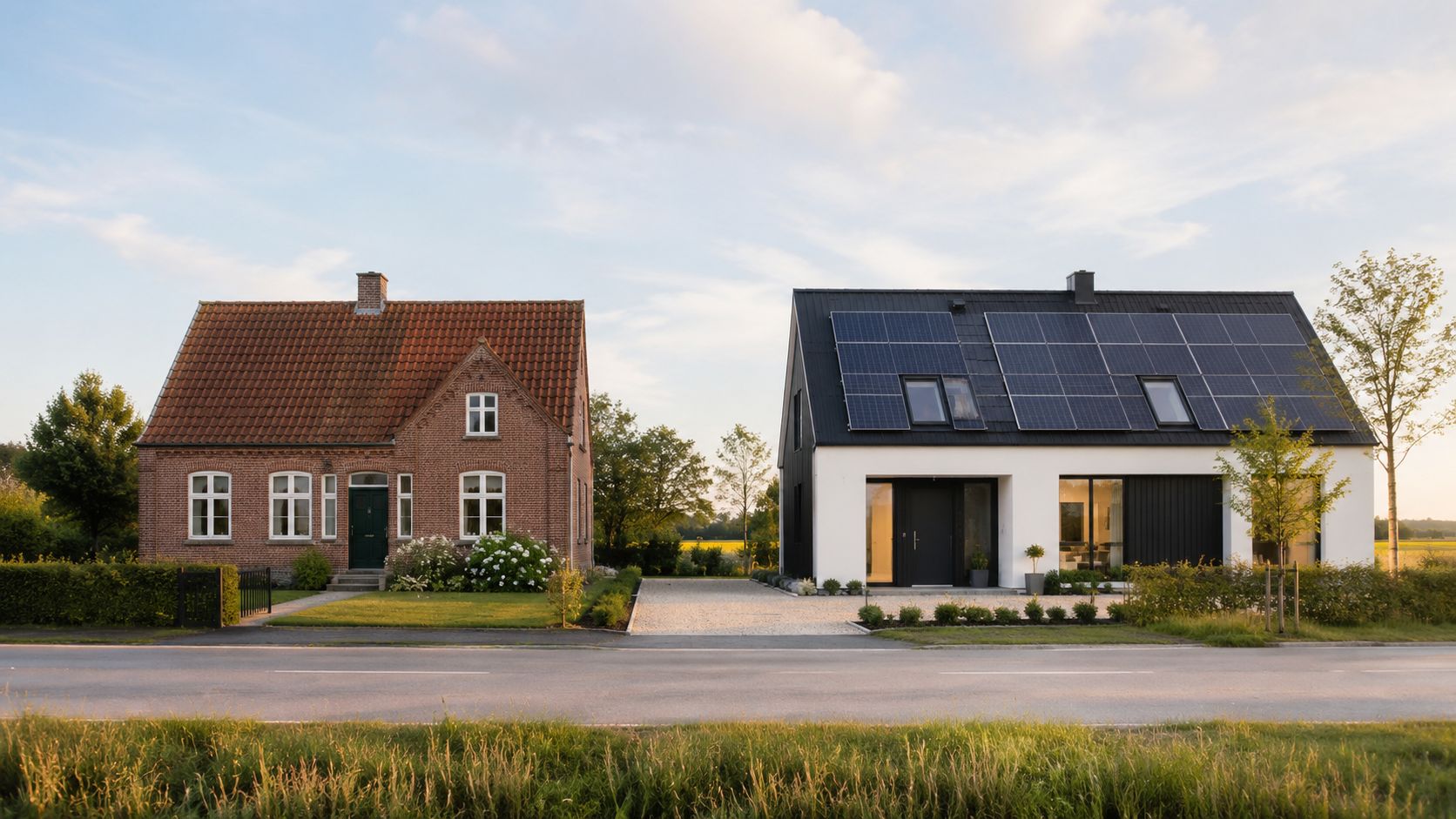 Et traditionelt murstenshus ved siden af et moderne, energieffektivt hus med solpaneler på et landligt sted.