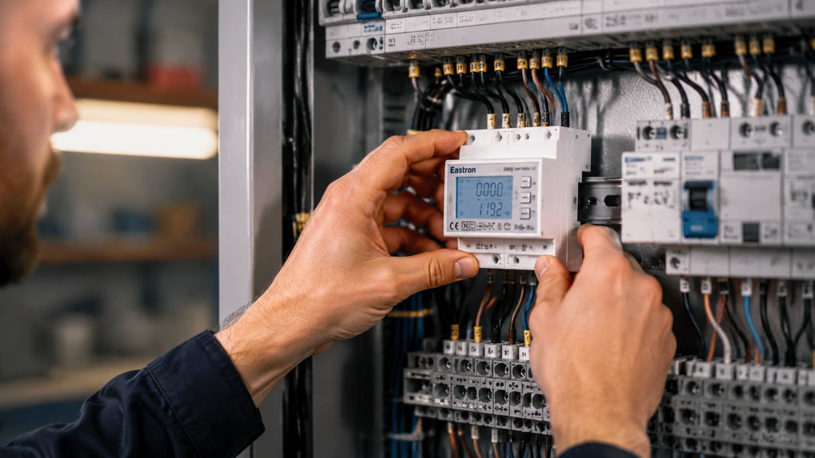 En elektriker installerer en Eastron elmåler i et elektrisk fordelingstavle for at overvåge strømforbrug og energioptimering.
