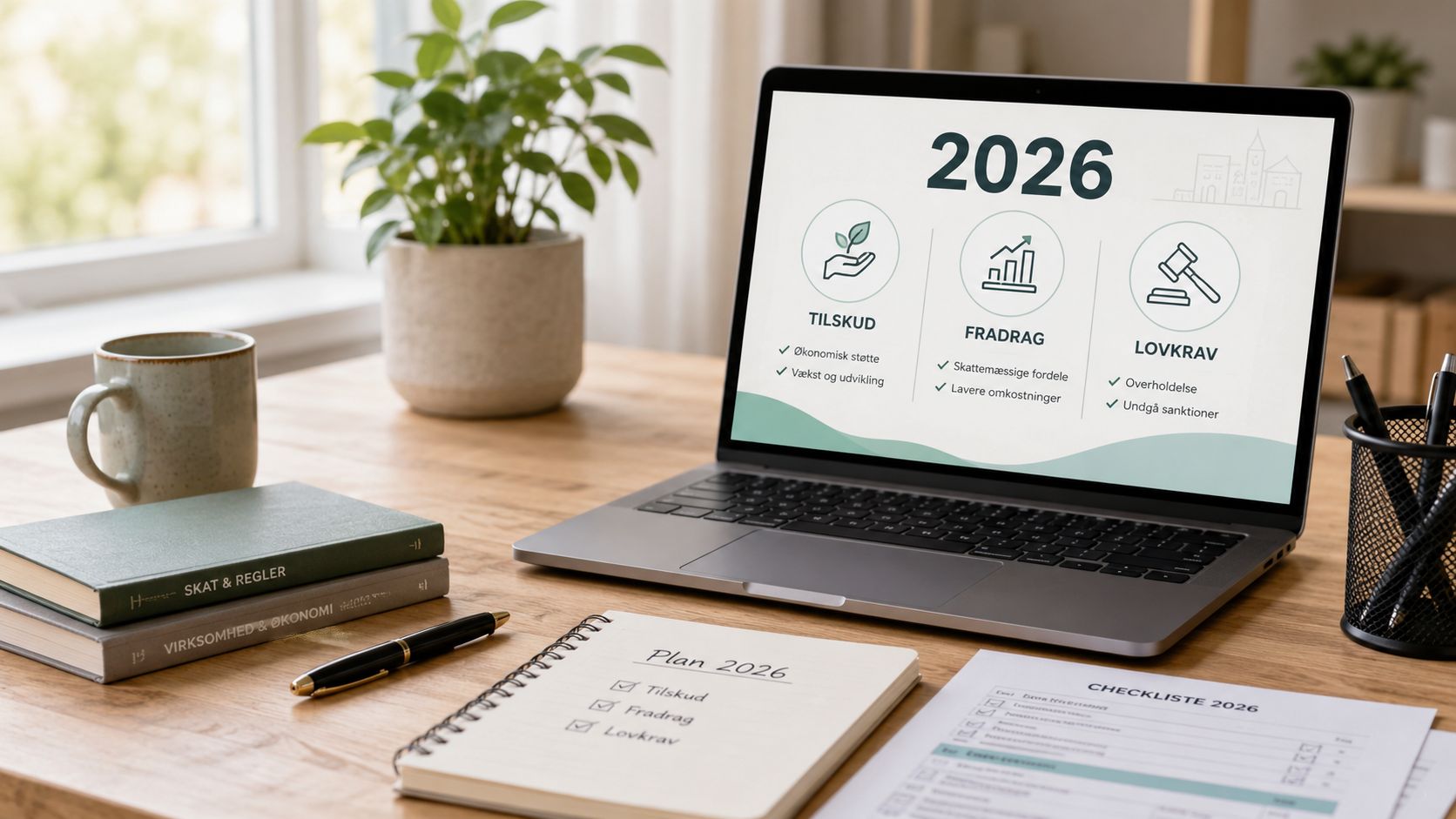 Bærbar computer på et kontorbord viser en plan for 2026 med fokus på tilskud, fradrag og lovkrav.