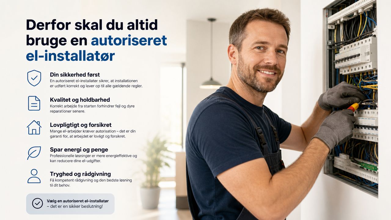En smilende elektriker arbejder med en el-tavle, der illustrerer vigtigheden af at bruge en autoriseret el-installatør til installationer.