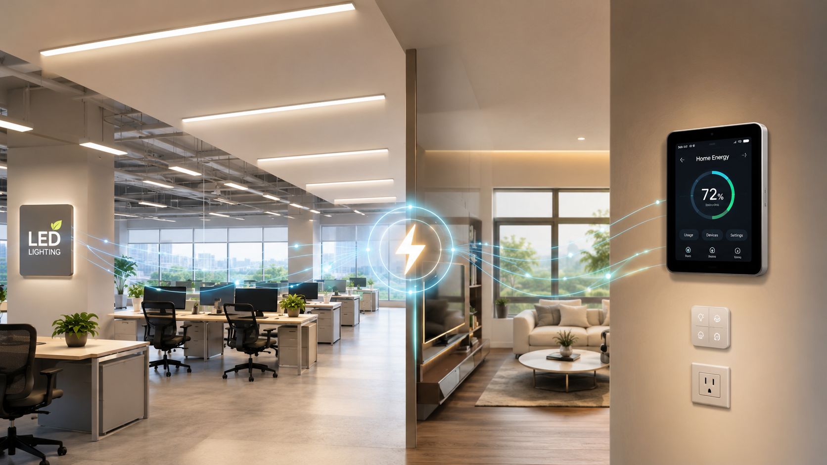 Smart kontrolpanel viser energioptimering i et moderne kontor- og boligmiljø med en lysende lyn-illustration.