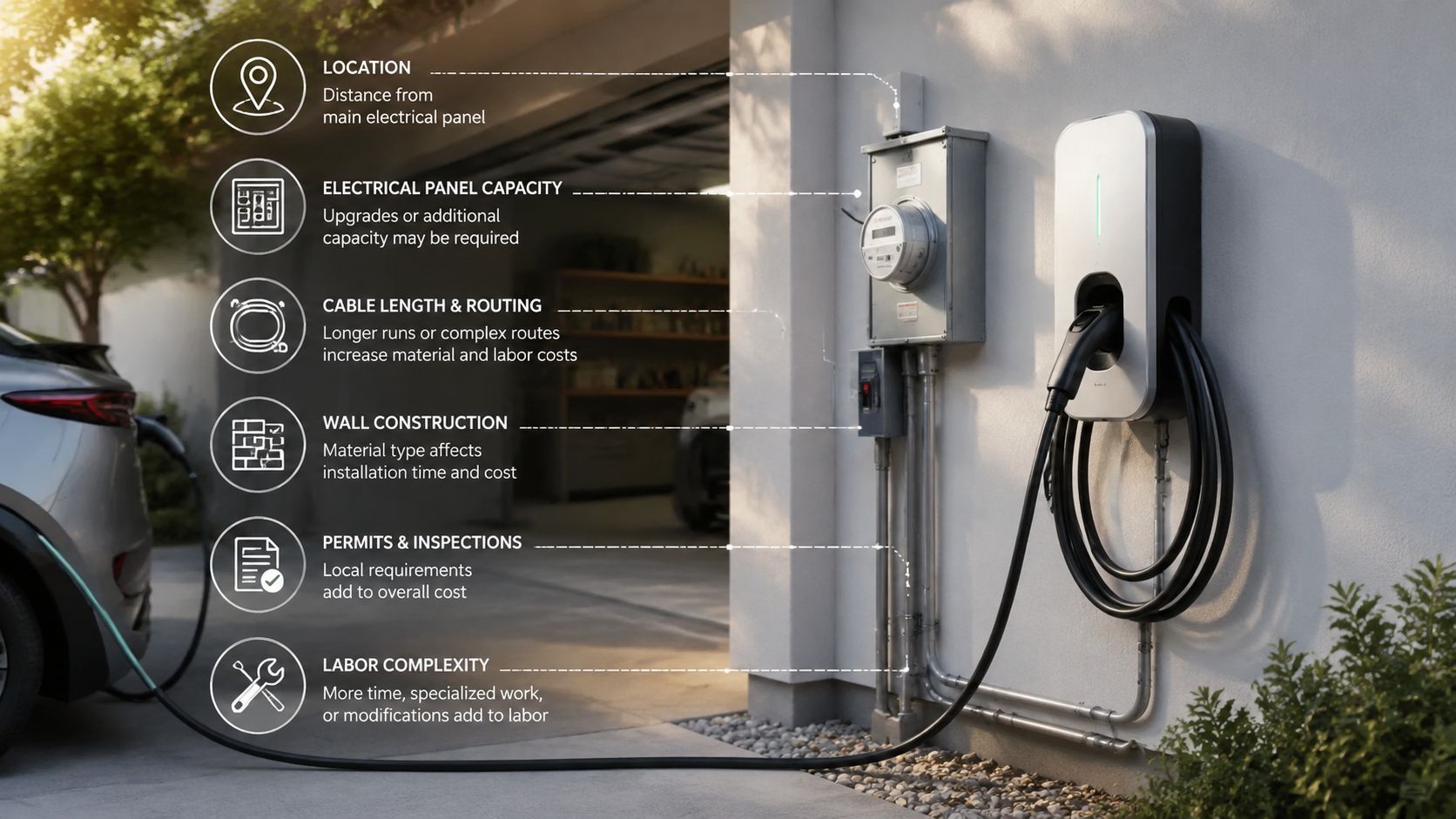 En infografik der viser de vigtigste faktorer, der påvirker prisen for installation af en elbil-ladestander derhjemme.