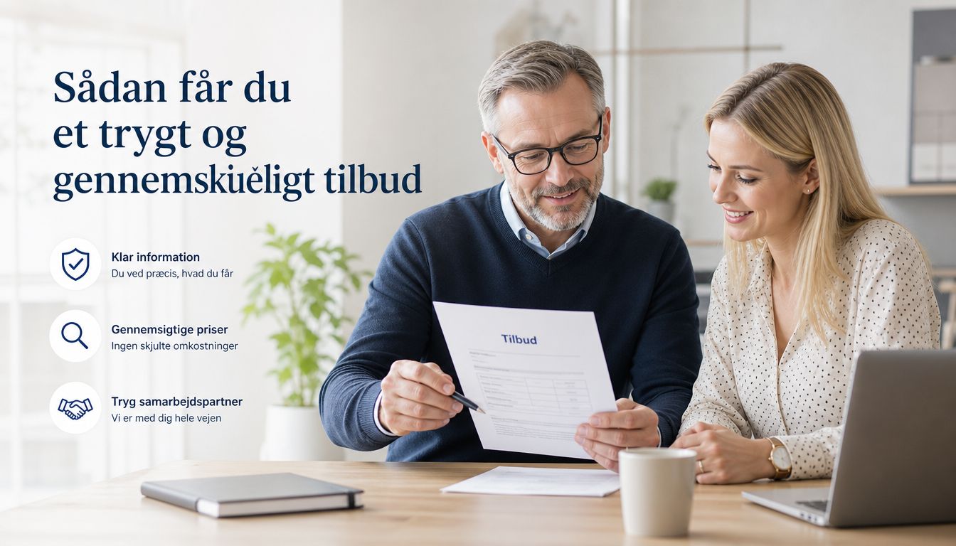 Et midaldrende par der kigger på et tilbudsdokument ved et skrivebord, mens de diskuterer deres varmepumpe installation.
