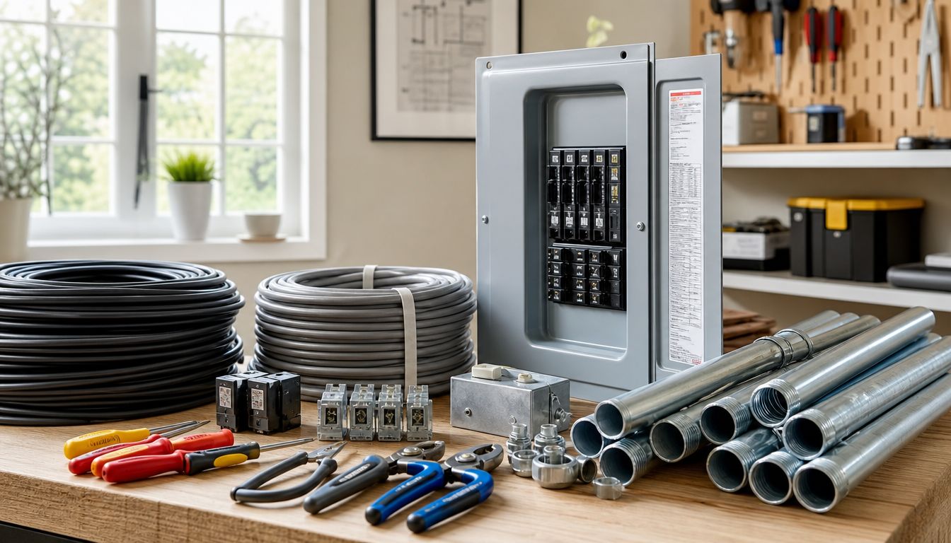 Elektrisk udstyr til installation af varmepumpe, herunder kabler, et el-panel, metalrør og værktøj på et træbord.