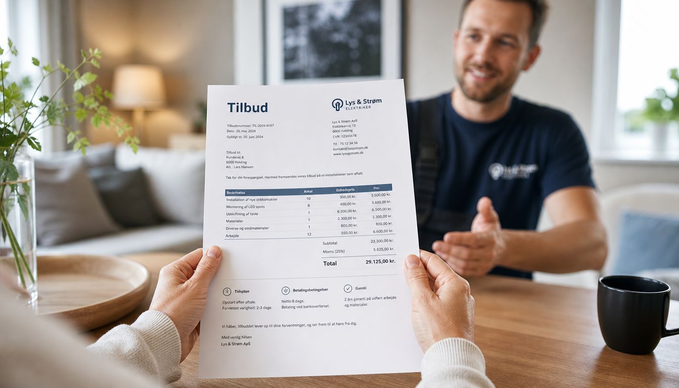 En person holder et prisoverslag fra en elektriker, mens en håndværker sidder ved bordet og taler.