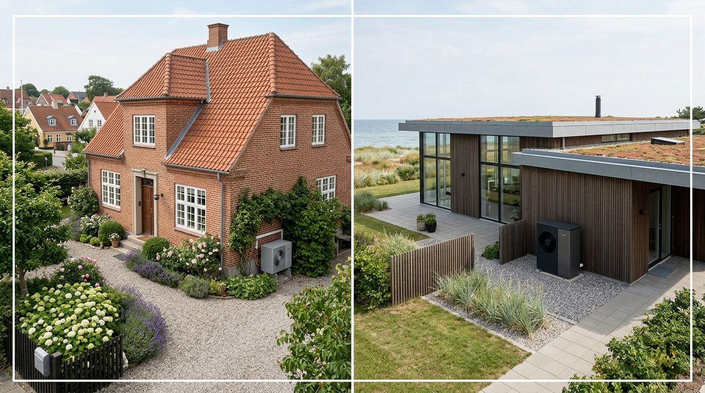 To forskellige boligtyper, et klassisk murstenshus og et moderne sommerhus, begge udstyret med effektiv luft-til-vand varmepumpe.