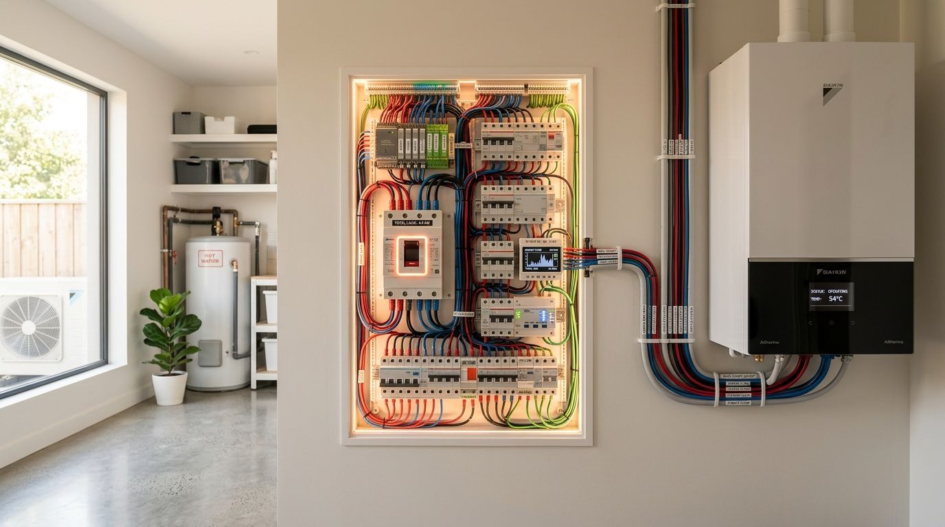 Moderne elektrisk styreskab og Daikin varmepumpe installeret i et lyst bryggers med varmtvandsbeholder i baggrunden.