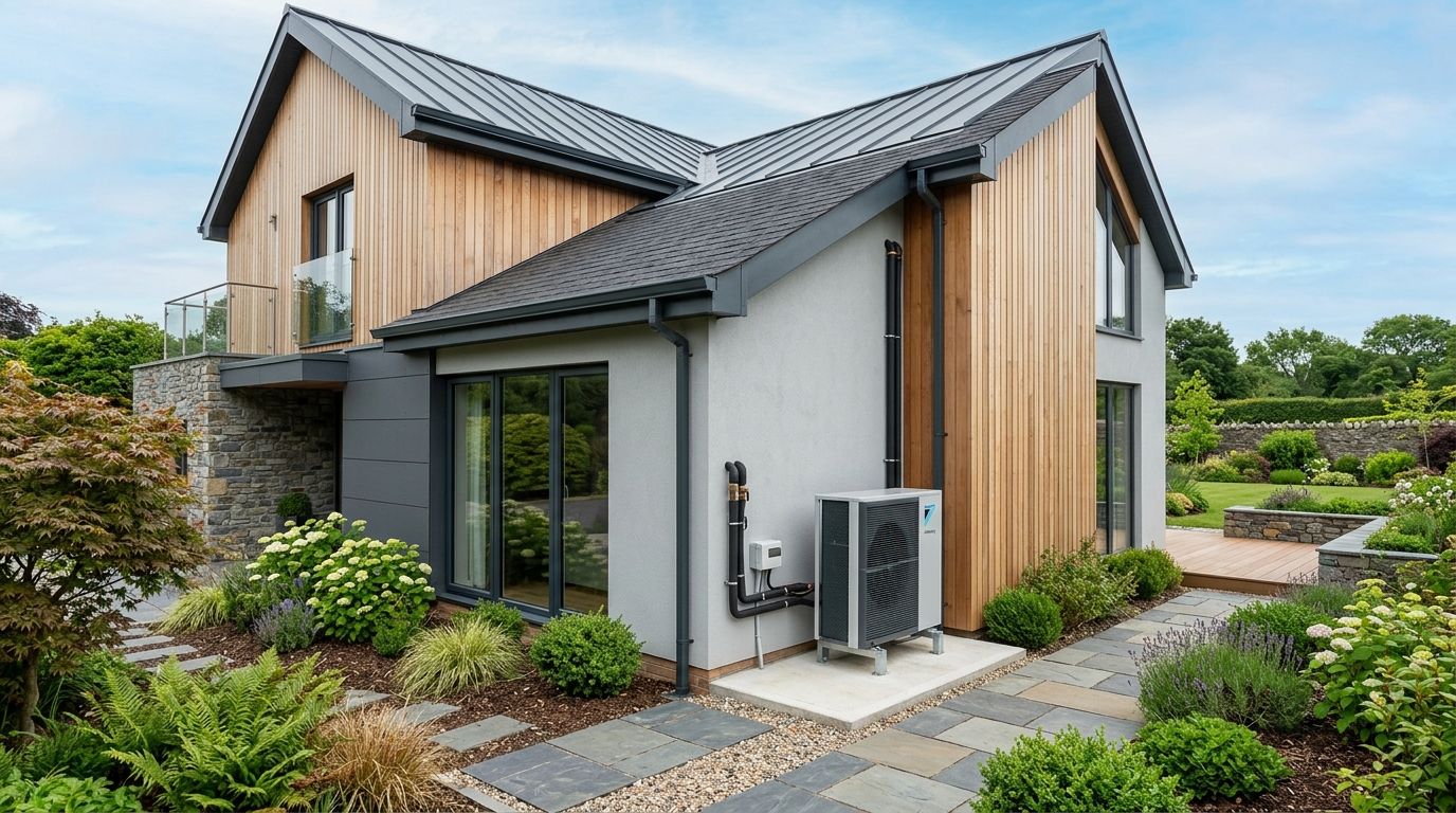 En moderne villa med træbeklædning og en installeret luft-til-vand varmepumpe i en velholdt have med flisegang.