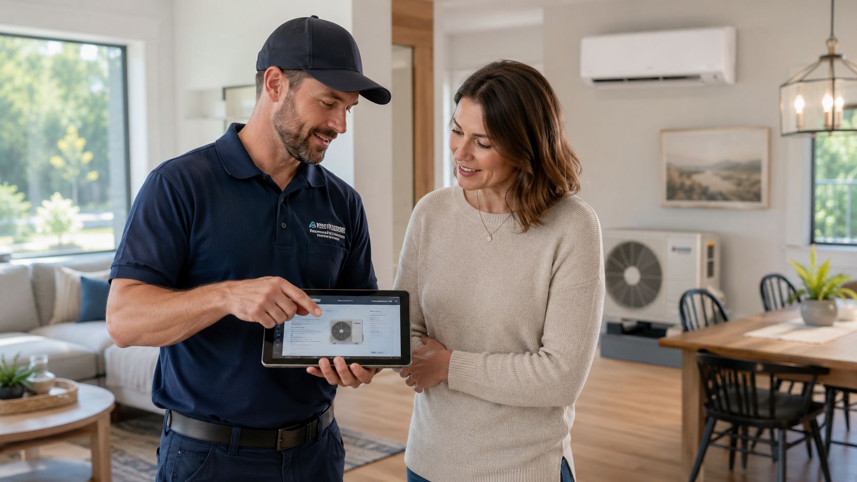 En servicetekniker viser en kunde en varmepumpe på en tablet i et moderne og lyst hjem.