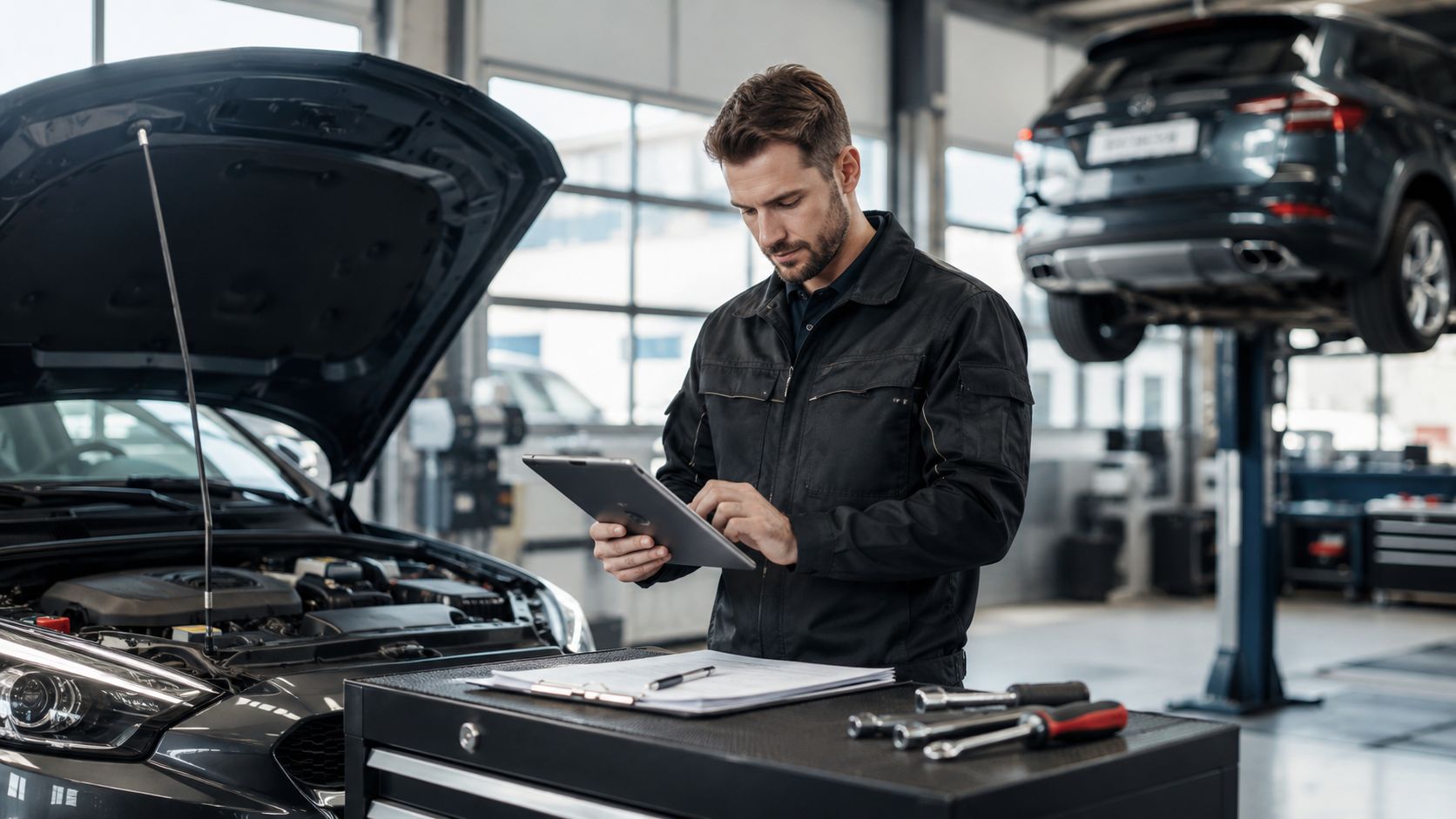 En professionel automekaniker arbejder på en bil i et moderne værksted ved hjælp af en tablet computer.