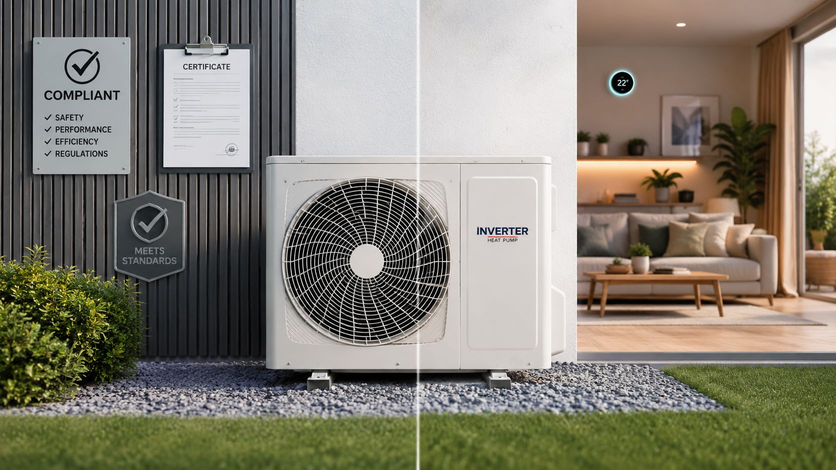 En udendørs inverter varmepumpe placeret i en have ved siden af et moderne og opvarmet stuehus.