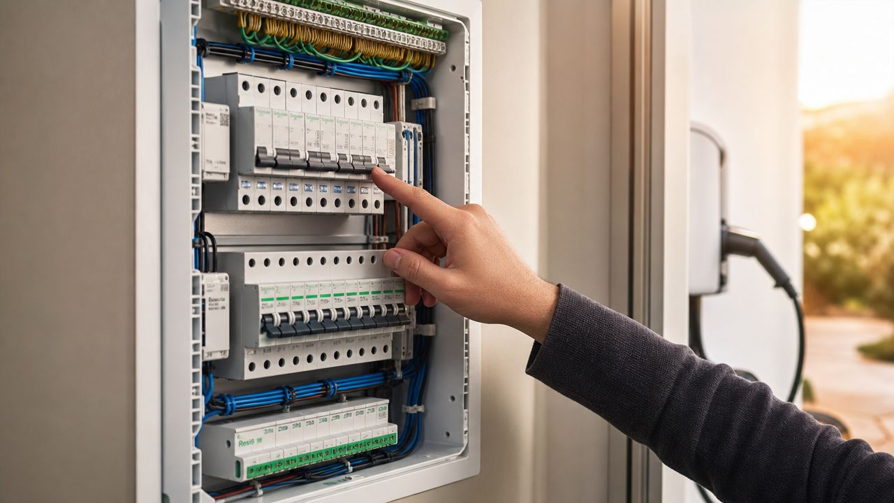 En person, der tænder eller slukker for en elektrisk sikring i en eltavle ved en ladestation.