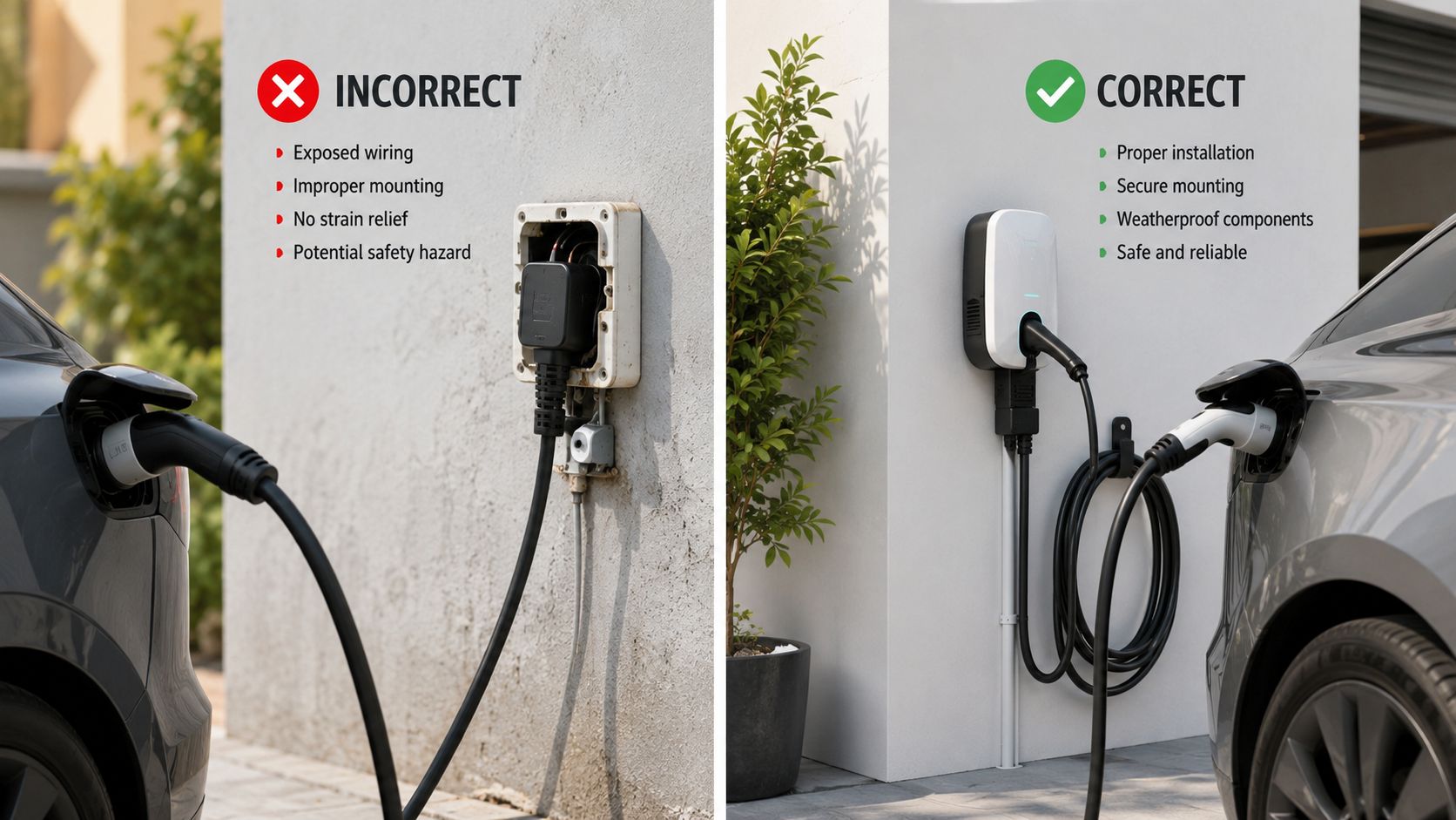 Sammenligning af forkert og korrekt installation af en elbil-ladestation på en væg ved et hjem.