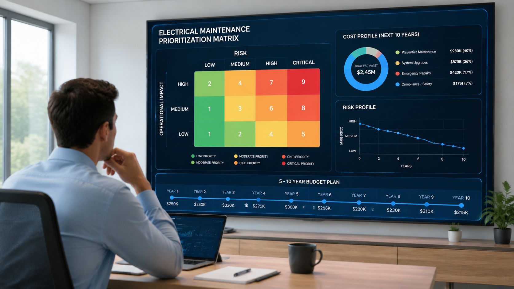 En professionel mand, der ser på en skærm med en elektrisk vedligeholdelsesplan og budgetdata for boligforeninger.