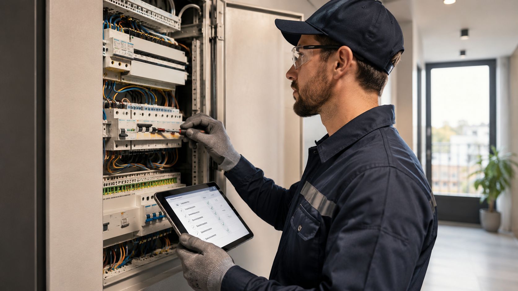 En professionel elektriker tjekker et elskab med en tablet og en skruetrækker i en moderne bolig.