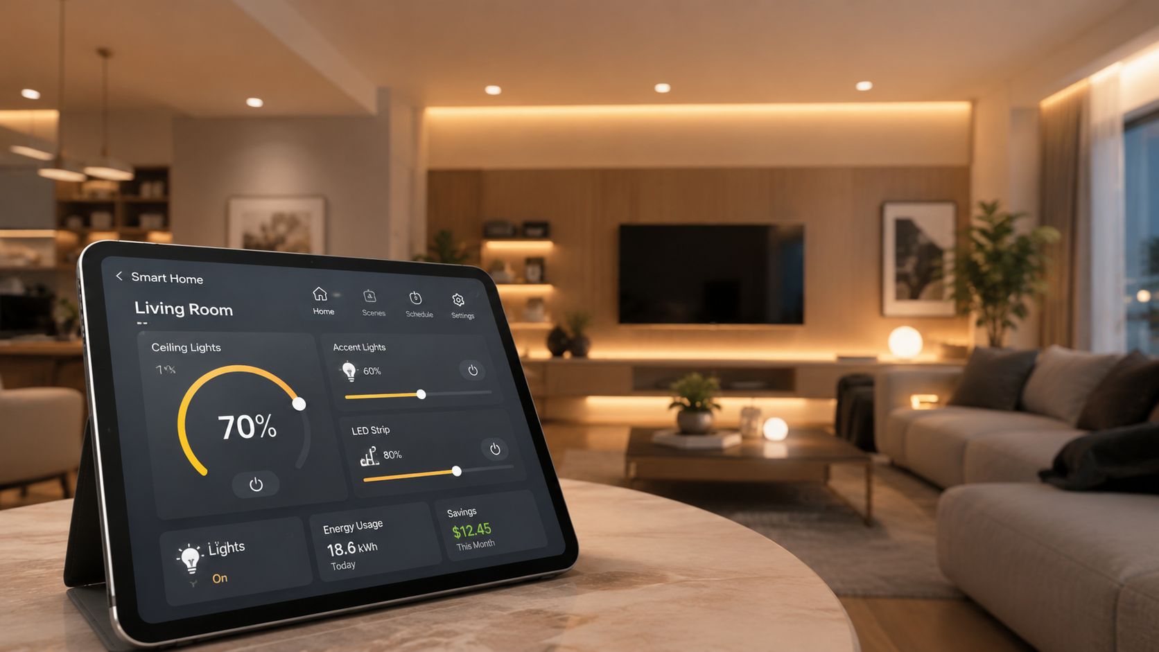 En tablet på et bord viser en smart home-app til styring af indendørs belysning i stuen.