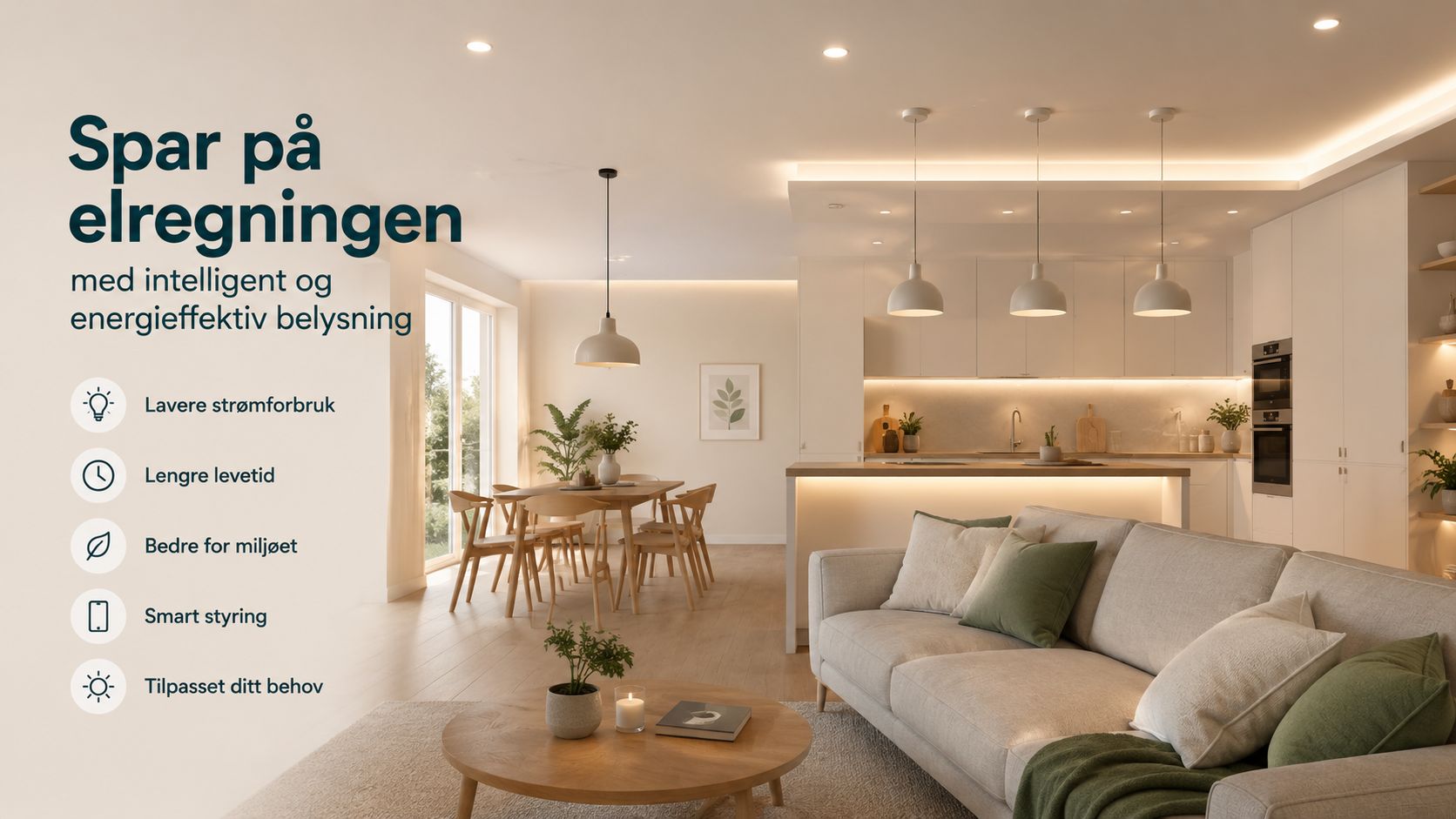 En stilfuld, lys stue og køkken med moderne, energieffektiv belysning, der hjælper med at reducere strømforbruget.
