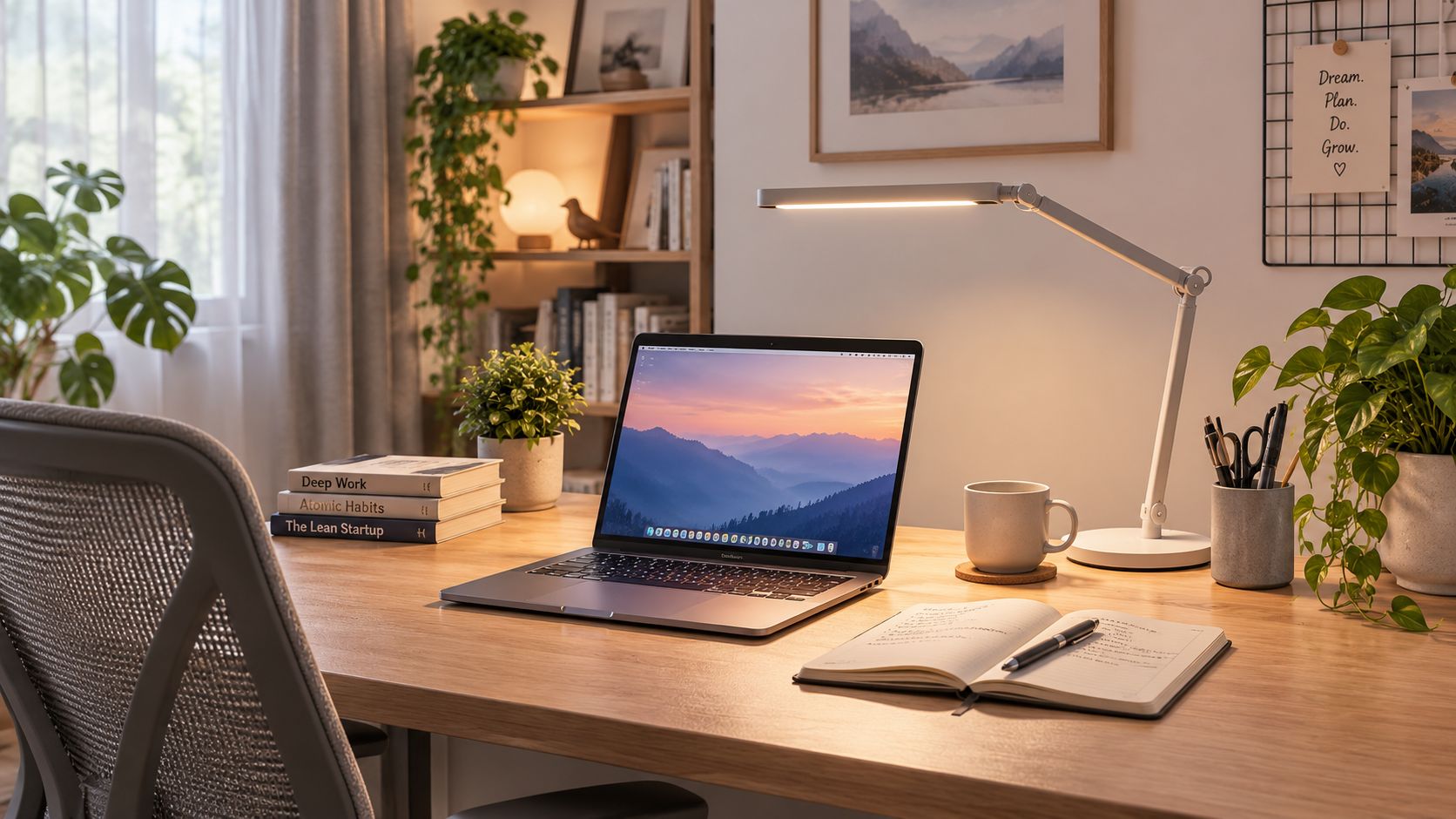 En moderne og hyggelig hjemmearbejdsplads med en tændt bordlampe, bærbar computer, bøger og planter på skrivebordet.