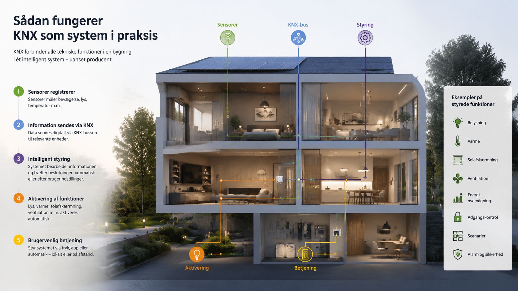 En grafisk illustration af et intelligent hjem, der viser hvordan KNX-systemet forbinder forskellige tekniske funktioner i bygningen.