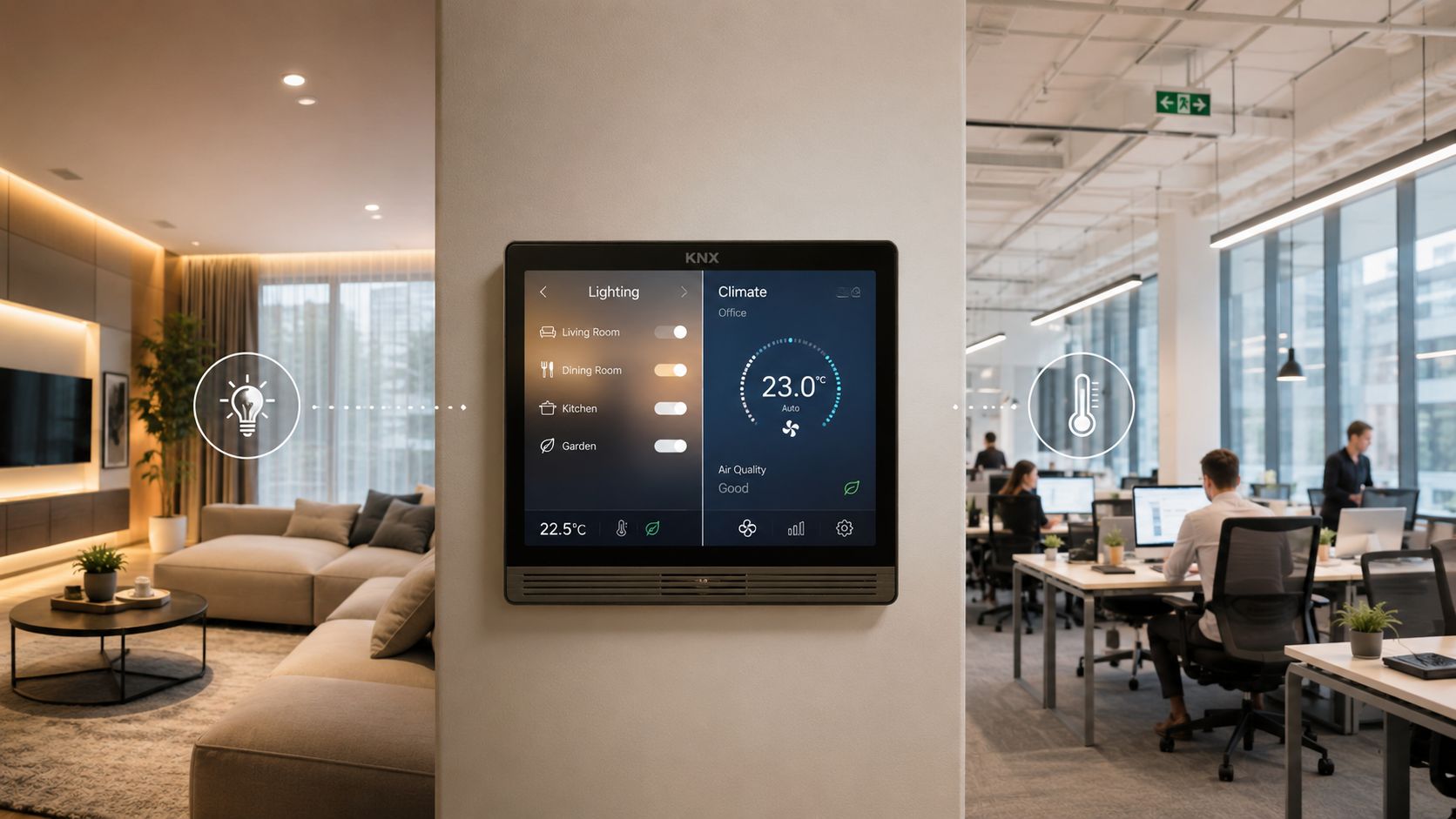 Et KNX smart home kontrolpanel monteret på en væg mellem en stue og et kontorlandskab.