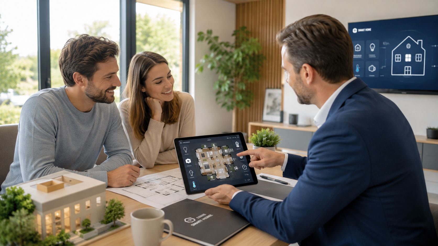 Et par taler med en rådgiver om deres smarte hjem med en digital plan på en tablet.