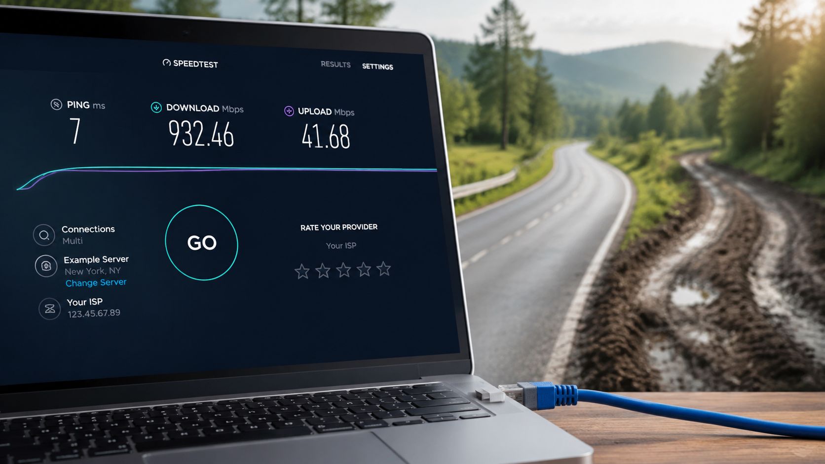 En bærbar computer viser en hastighedstest af internetforbindelsen placeret foran en vej med asfalt og grus.