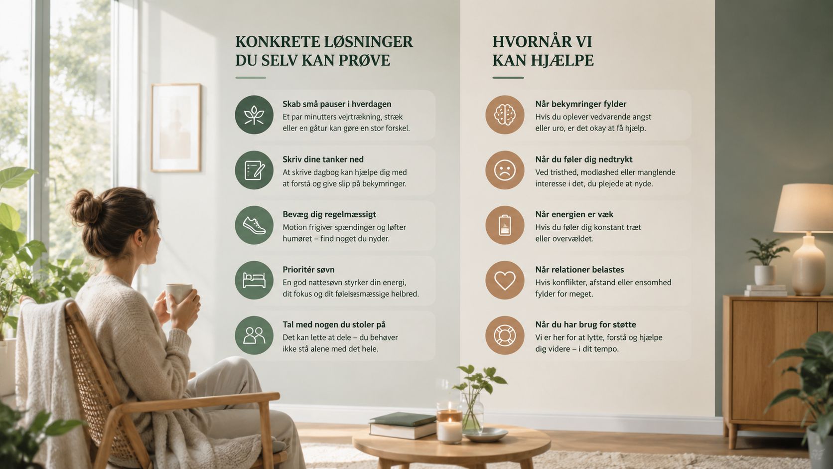 En grafisk oversigt med råd til mental trivsel og vejledning om hvornår man kan søge professionel hjælp.