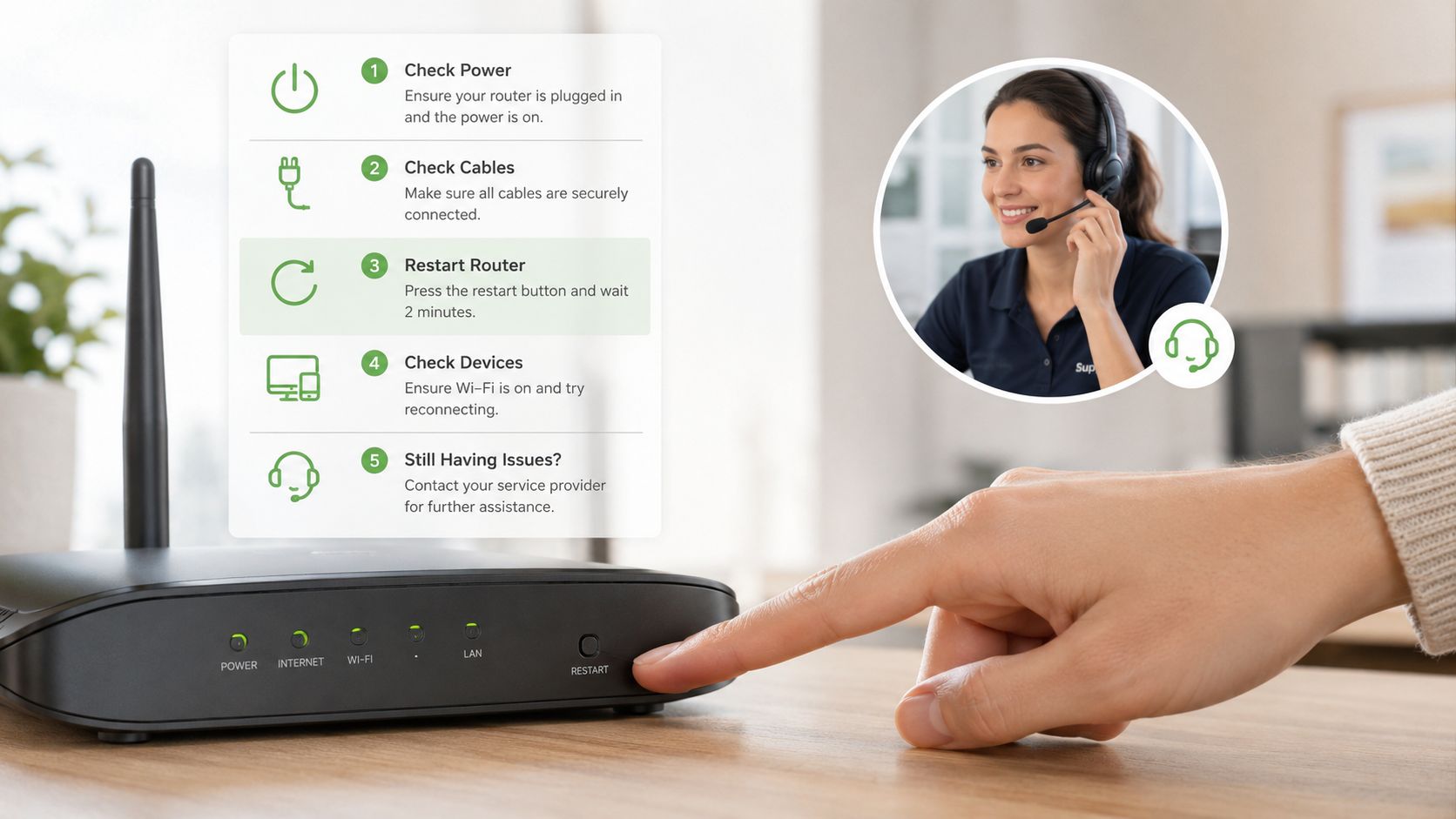 En hånd trykker på genstartsknappen på en trådløs router, mens en kundeservicemedarbejder ses i et lille vindue.