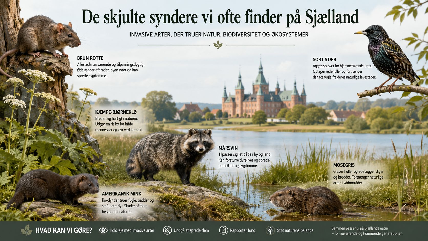 Plakat der viser invasive arter på Sjælland, herunder rotter, mårhund, mink, mosegris og sort stær i naturen.