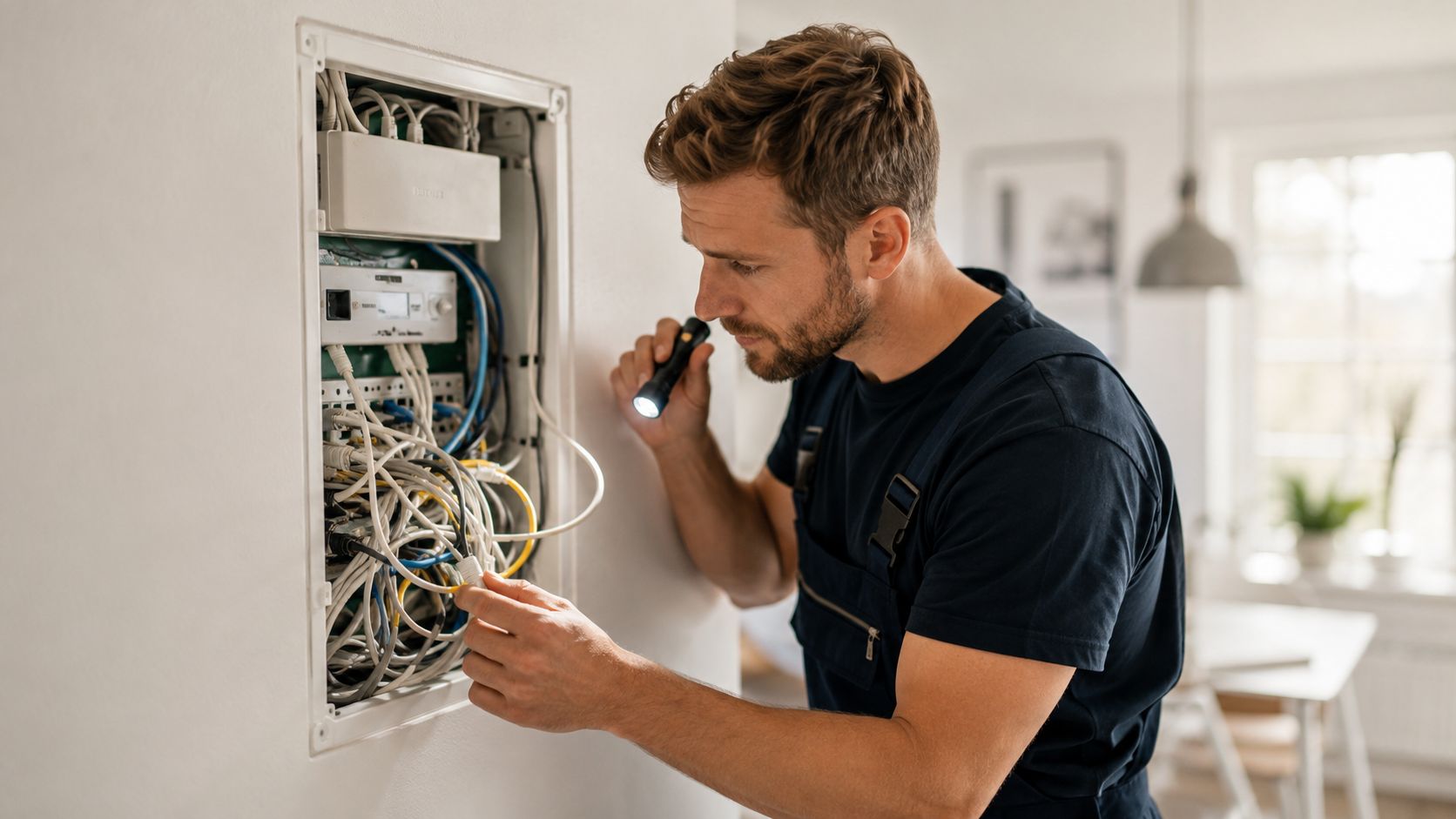 En tekniker undersøger en netværksinstallation i væggen med en lommelygte for at sikre en stabil internetforbindelse.