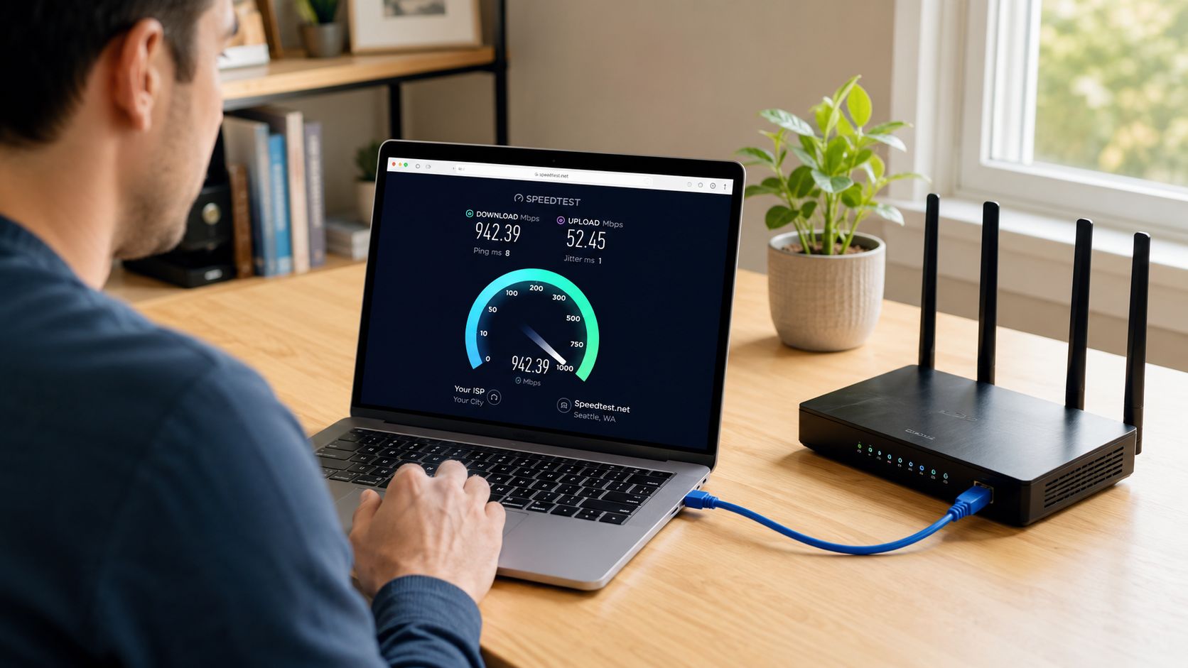 En mand sidder ved et skrivebord og måler sin internetforbindelse via en bærbar computer forbundet til en router.