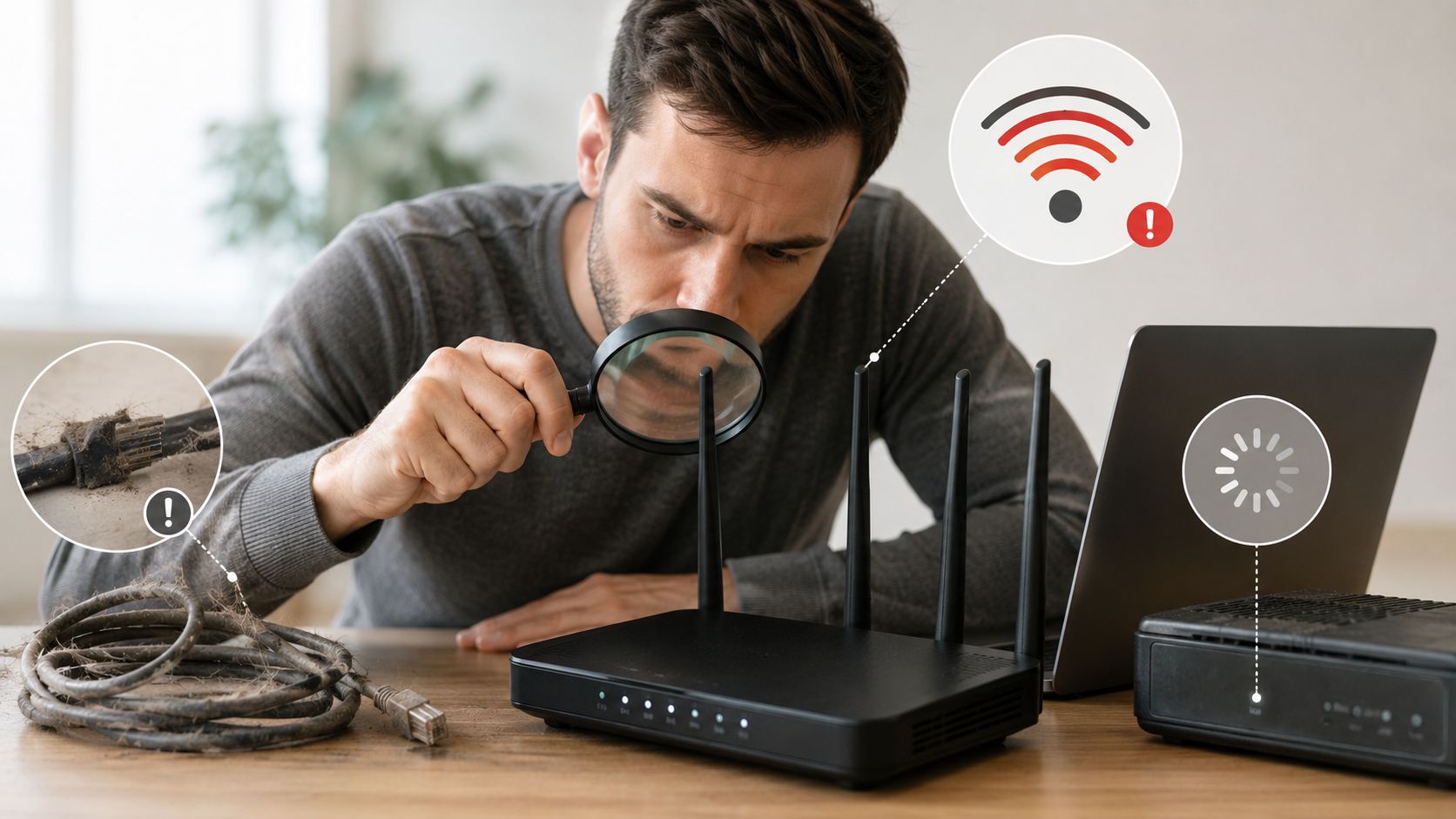 En mand undersøger en router med et forstørrelsesglas, mens han oplever problemer med sin internetforbindelse og netværkshastighed.
