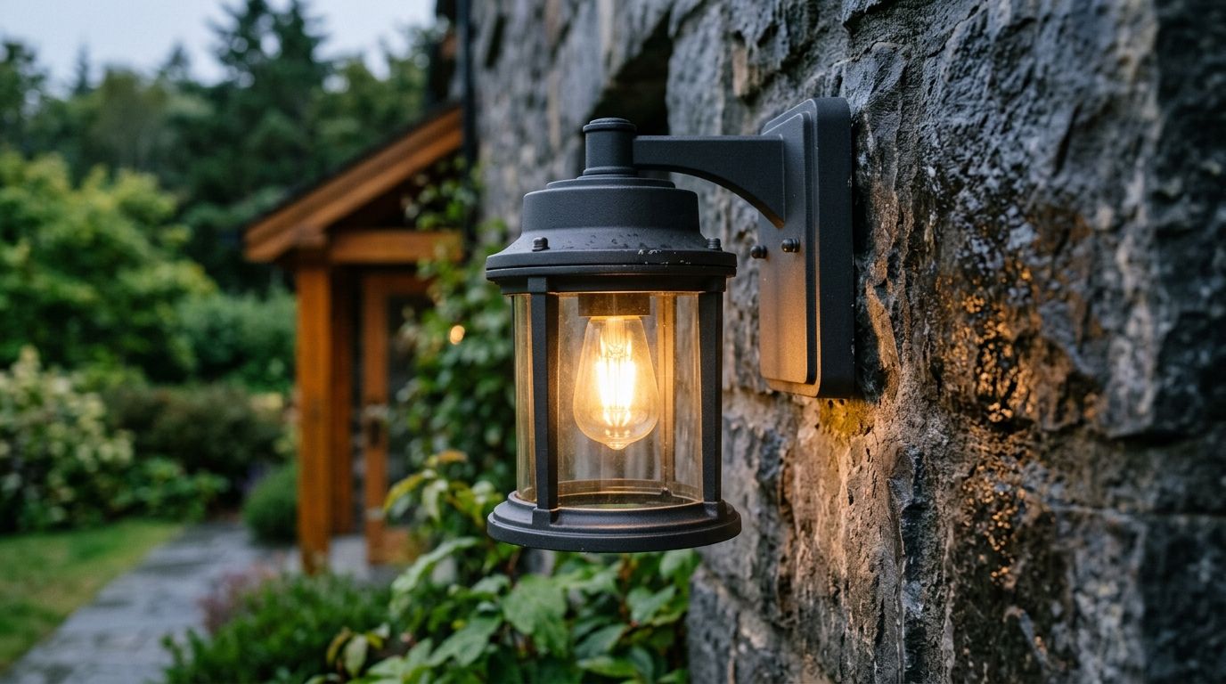 En elegant sort udendørs væglampe monteret på en stenmur oplyser en have ved en hytte i skumringen.