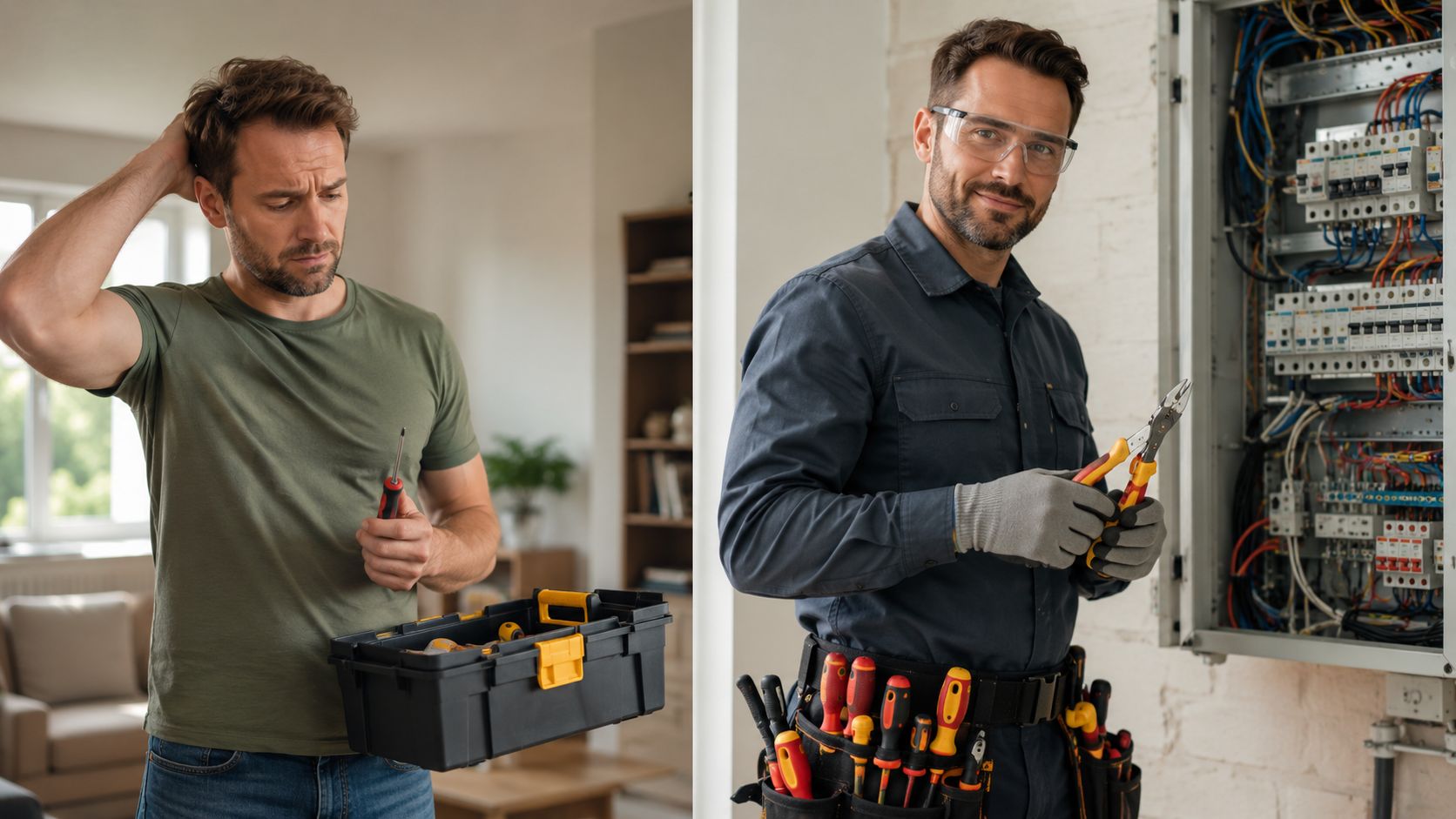 En usikker mand med værktøjskasse sammenlignet med en selvsikker, professionel elektriker der arbejder ved et el-skab.