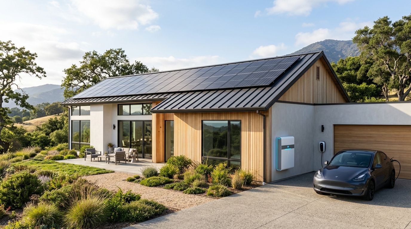 Moderne hus med solcelleanlæg på taget, batteri på væggen og en Tesla elbil parkeret foran garageporten.